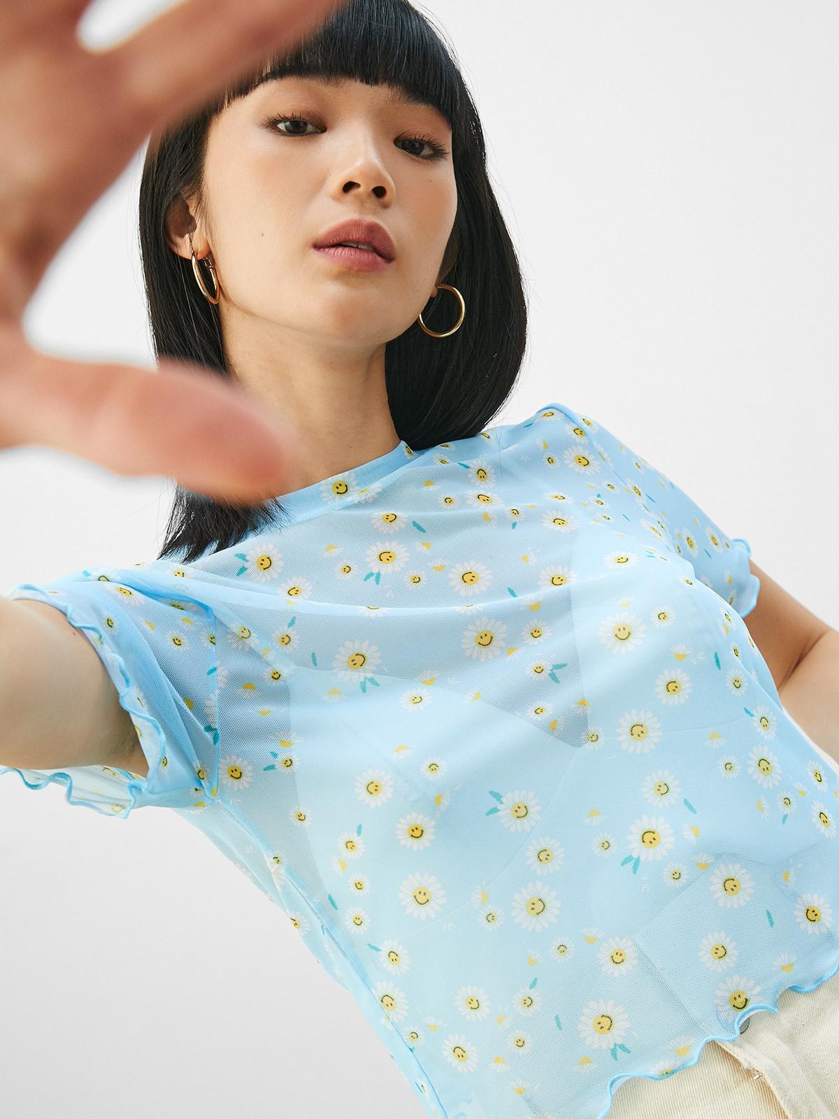 Pomelo x Smiley® Floral Print Crop Top - Blue