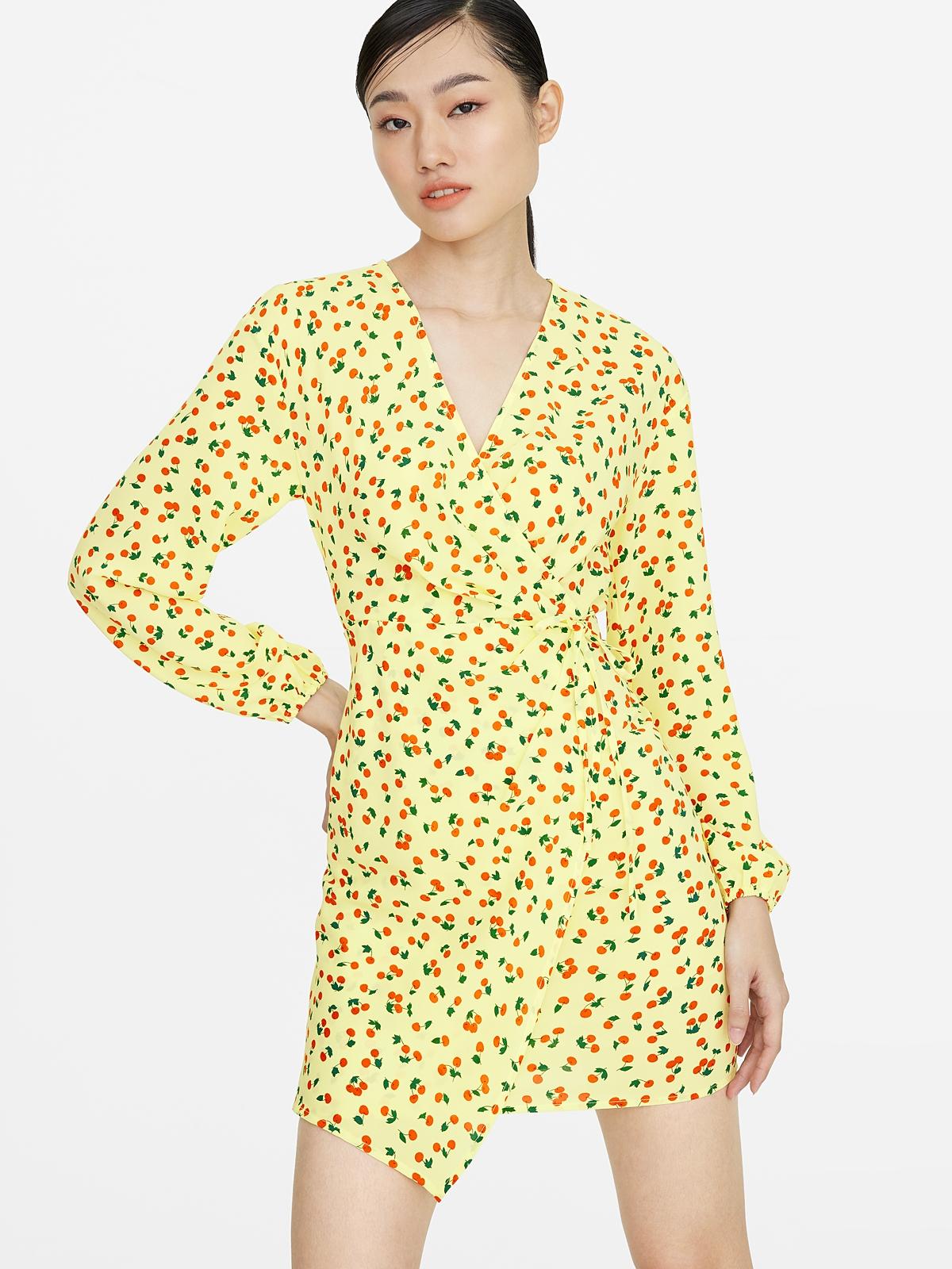 Mini Cherry Print Wrap Dress - Yellow