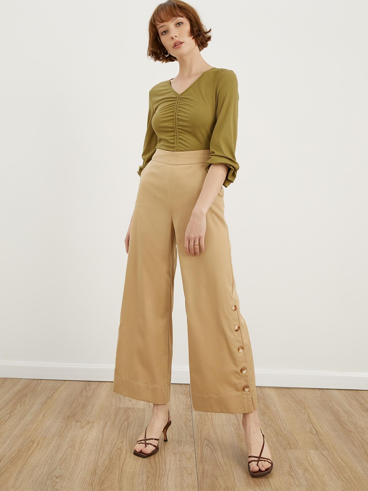 Side Buttons Wide Leg Pants - Brown