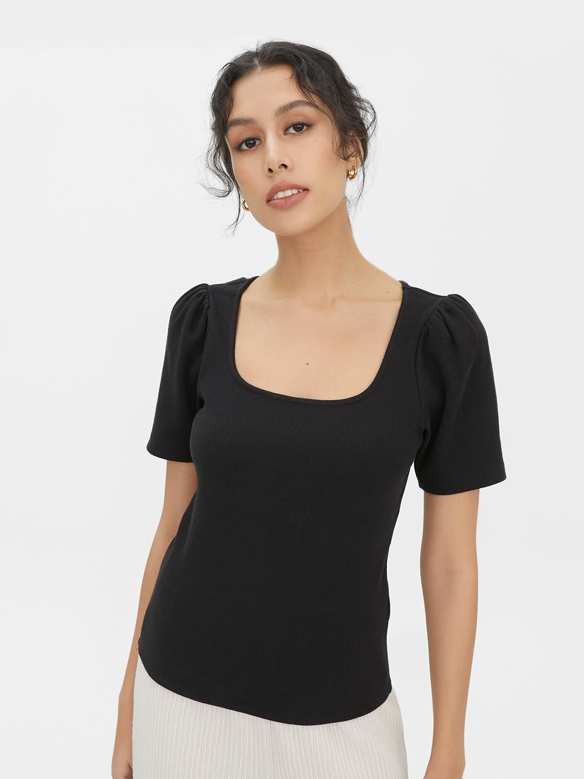 Sustainable Short Sleeve Square Neck Blouse - Black