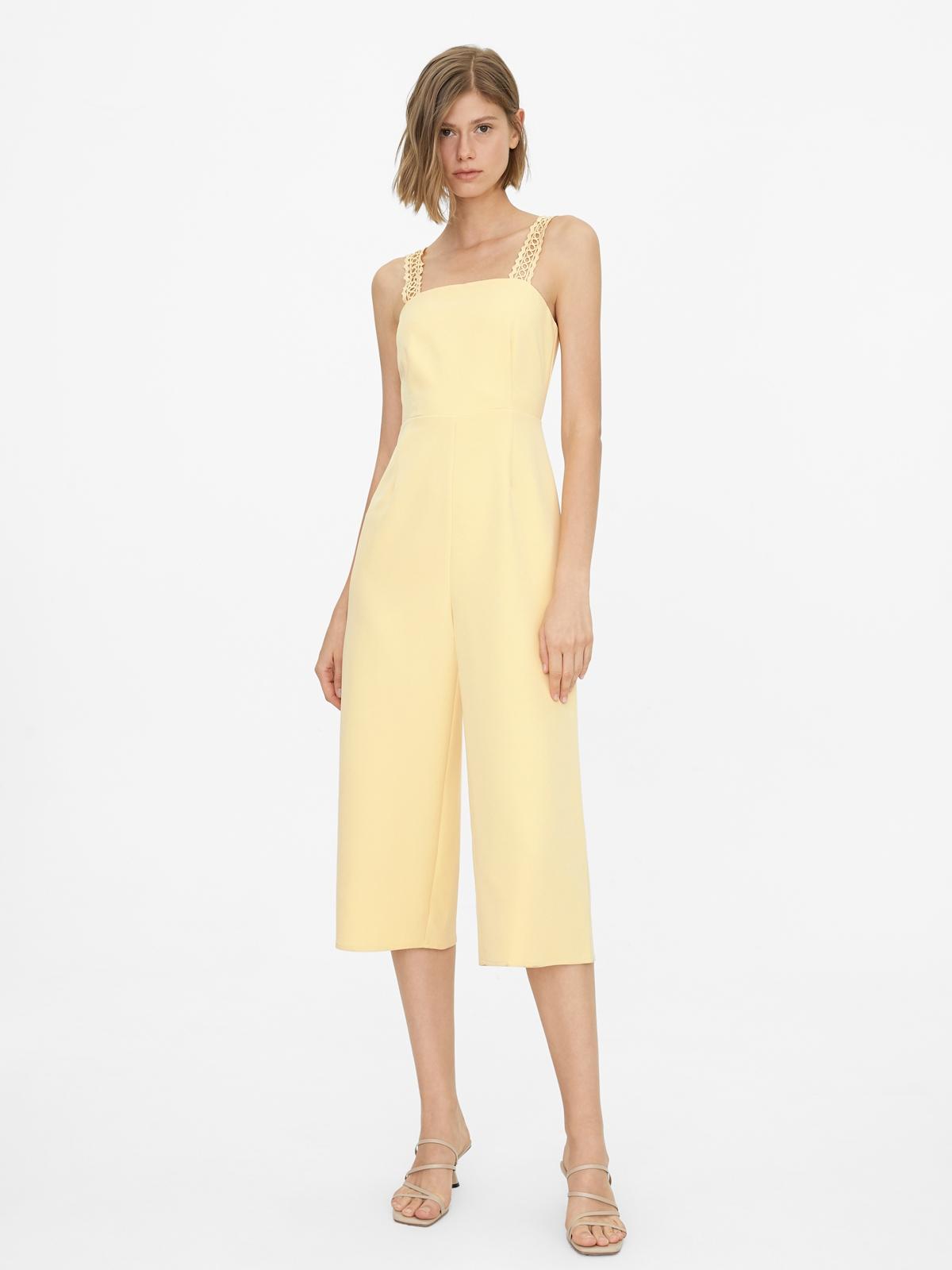 Lace Strap Cropped Jumpsuit - Yellow