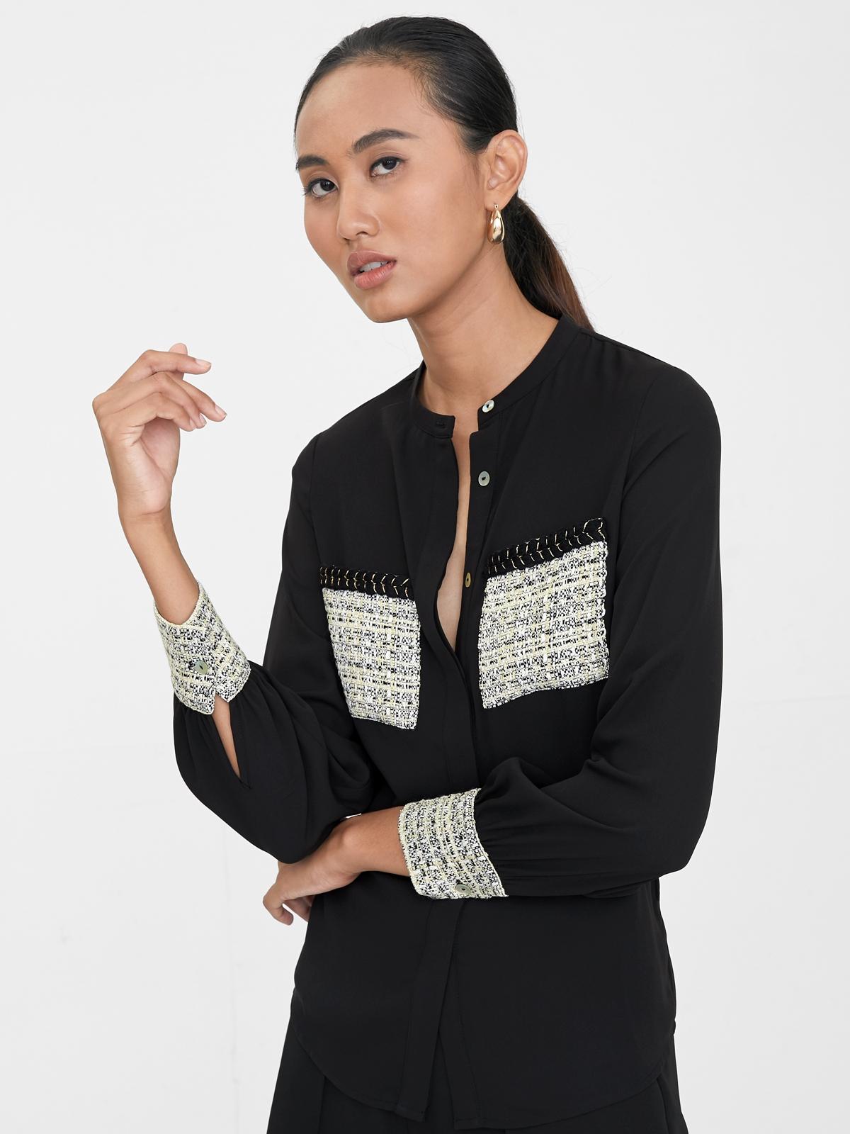 Tweed Accent Button Up Shirt - Black