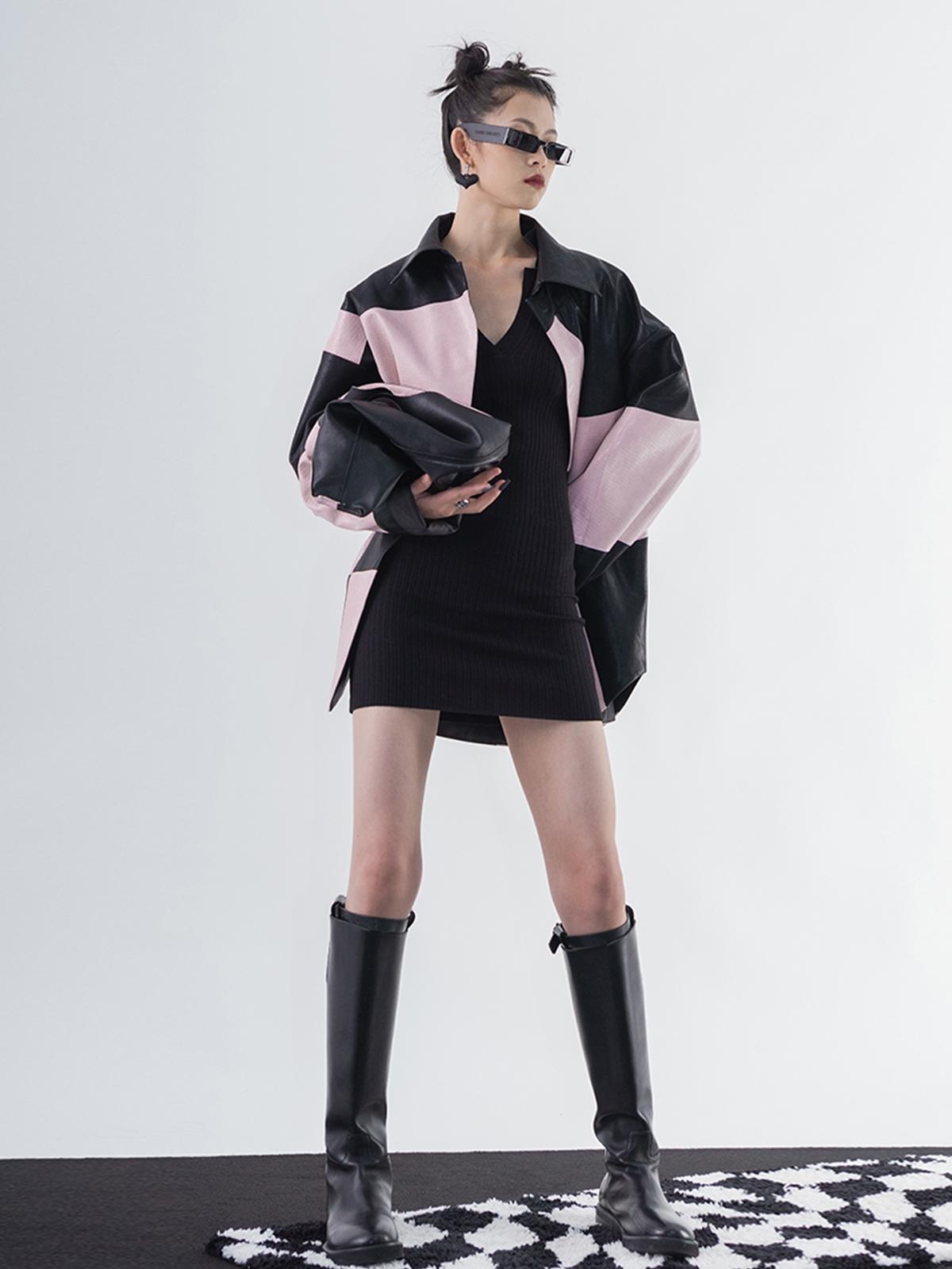 Checkerboard Stitching Jacket - Black/Pink