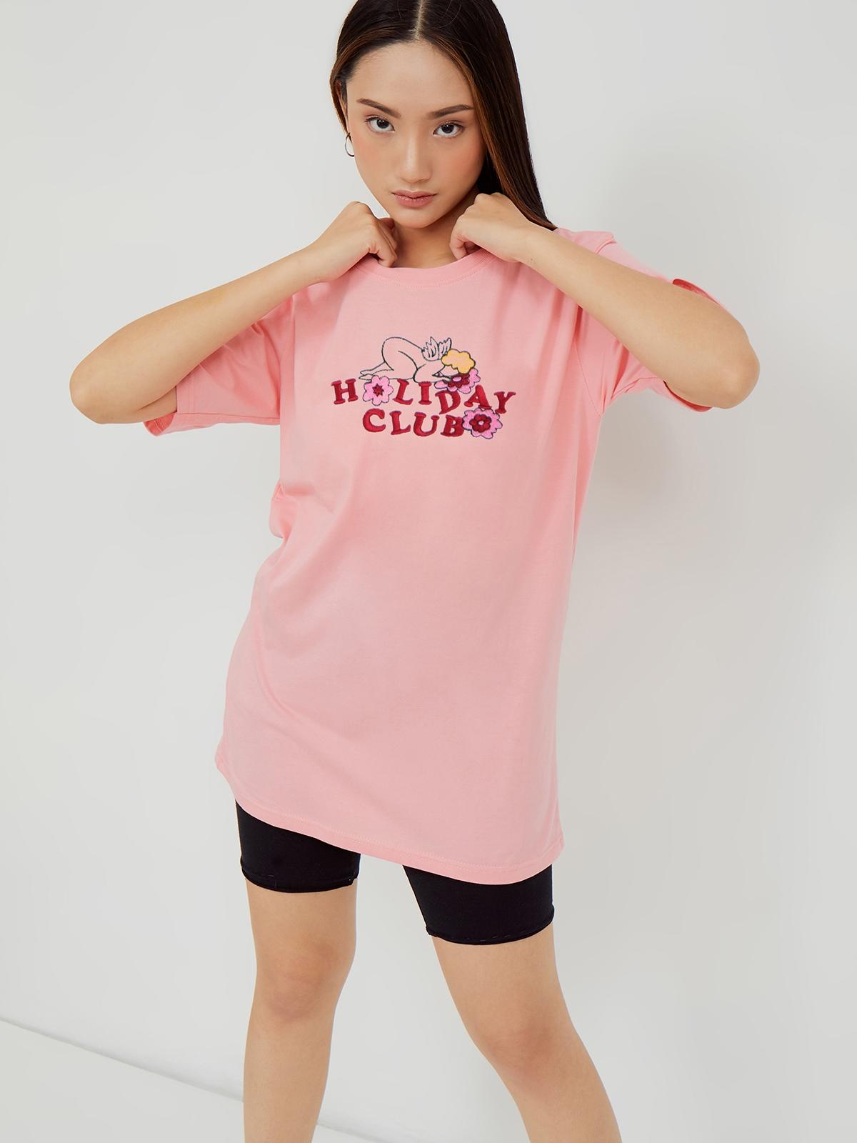 Holiday Club Embroidery Tee - Pink