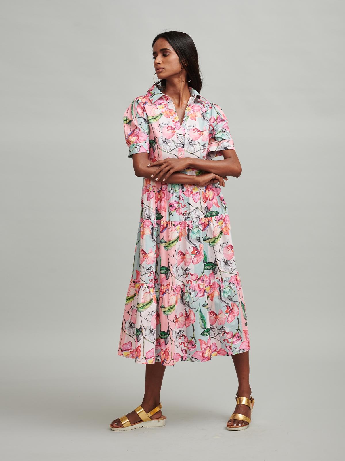 Floral Stripe Tiered Midi Dress - Pink