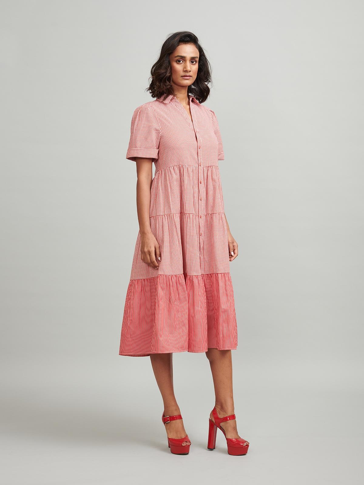 Red Checked Tiered Midi Dress - Red