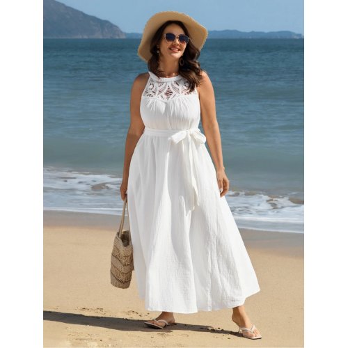 Cotton Sheer Lace Neckline Waist-Tie Maxi Dress