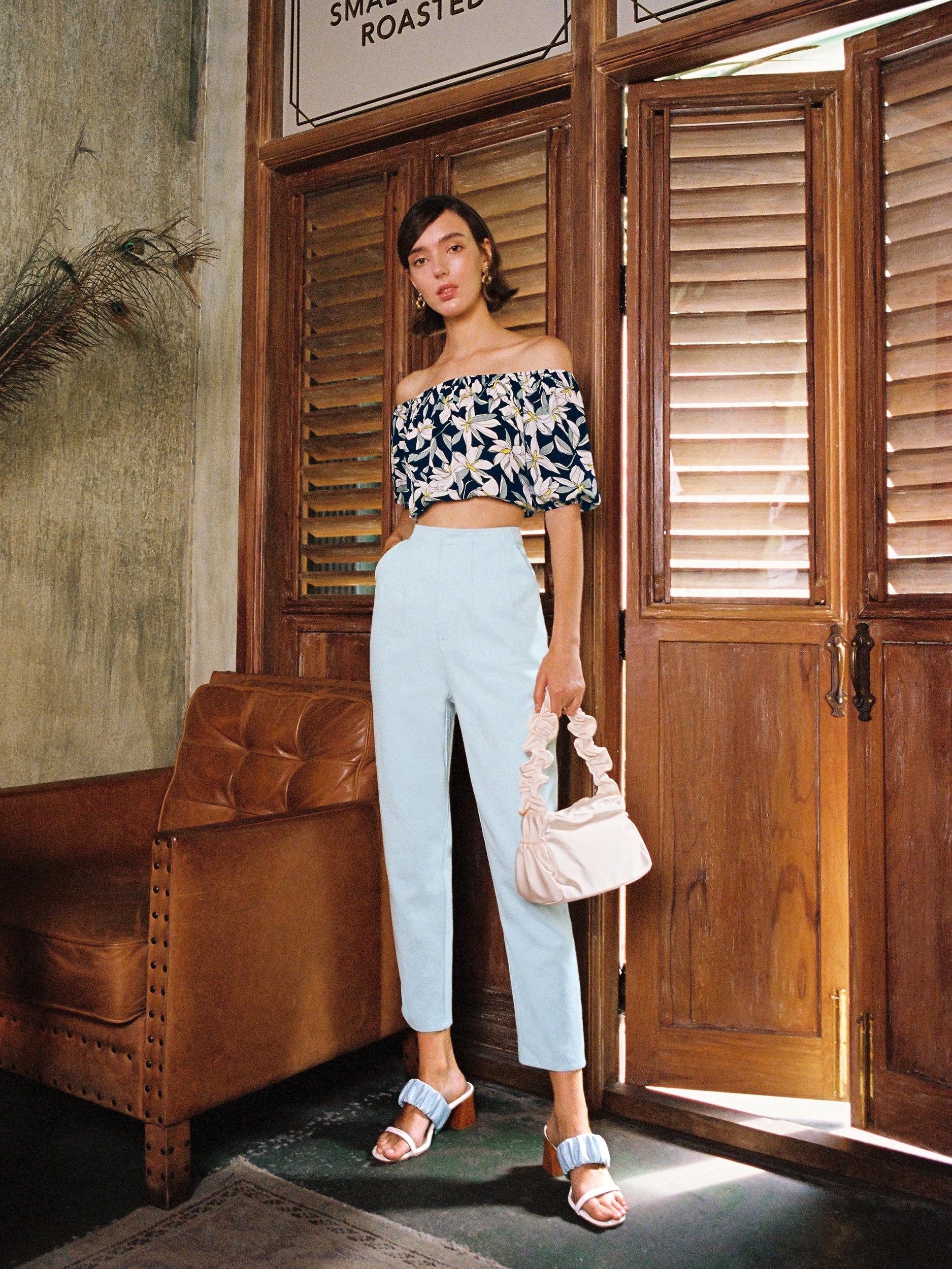 Bold Floral Off Shoulder Crop Top - Navy