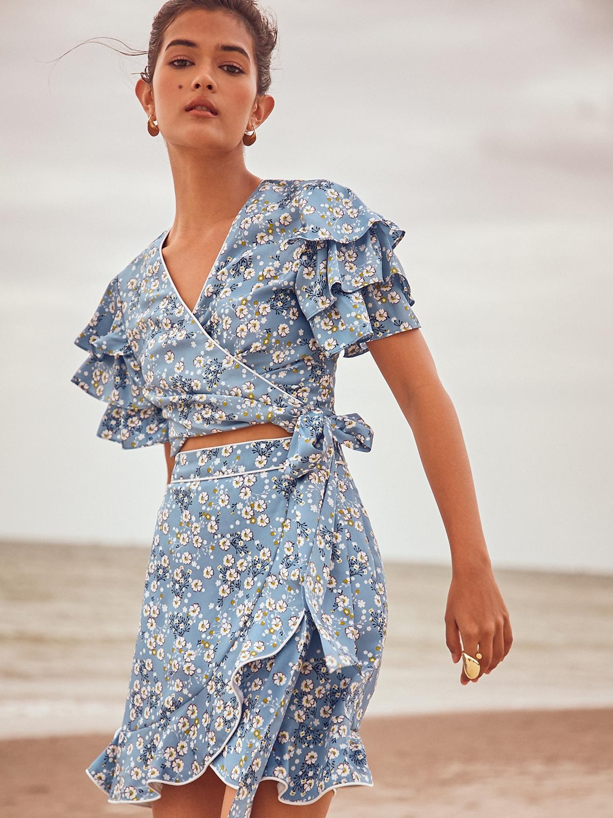 Ruffled Hem Floral Skirt - Blue