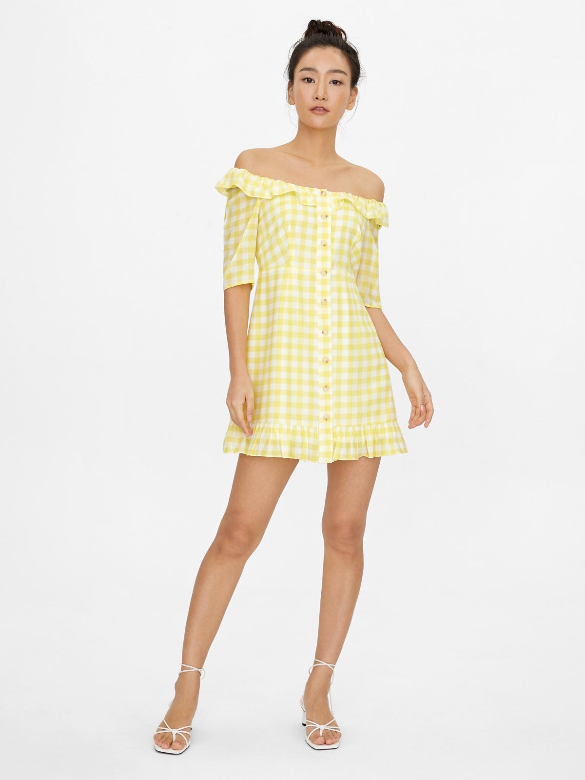 Mini Gingham Ruffled Hemline Dress - Yellow