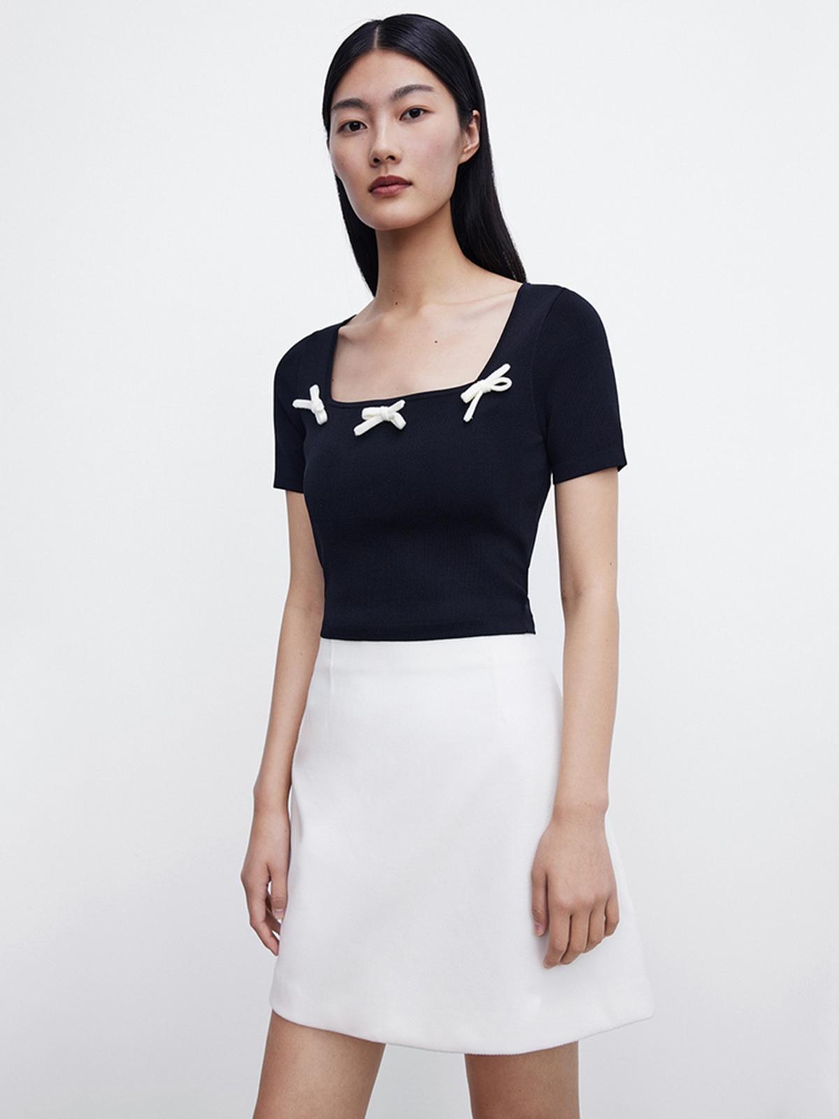 Square Neck Bow Detail Top - Black