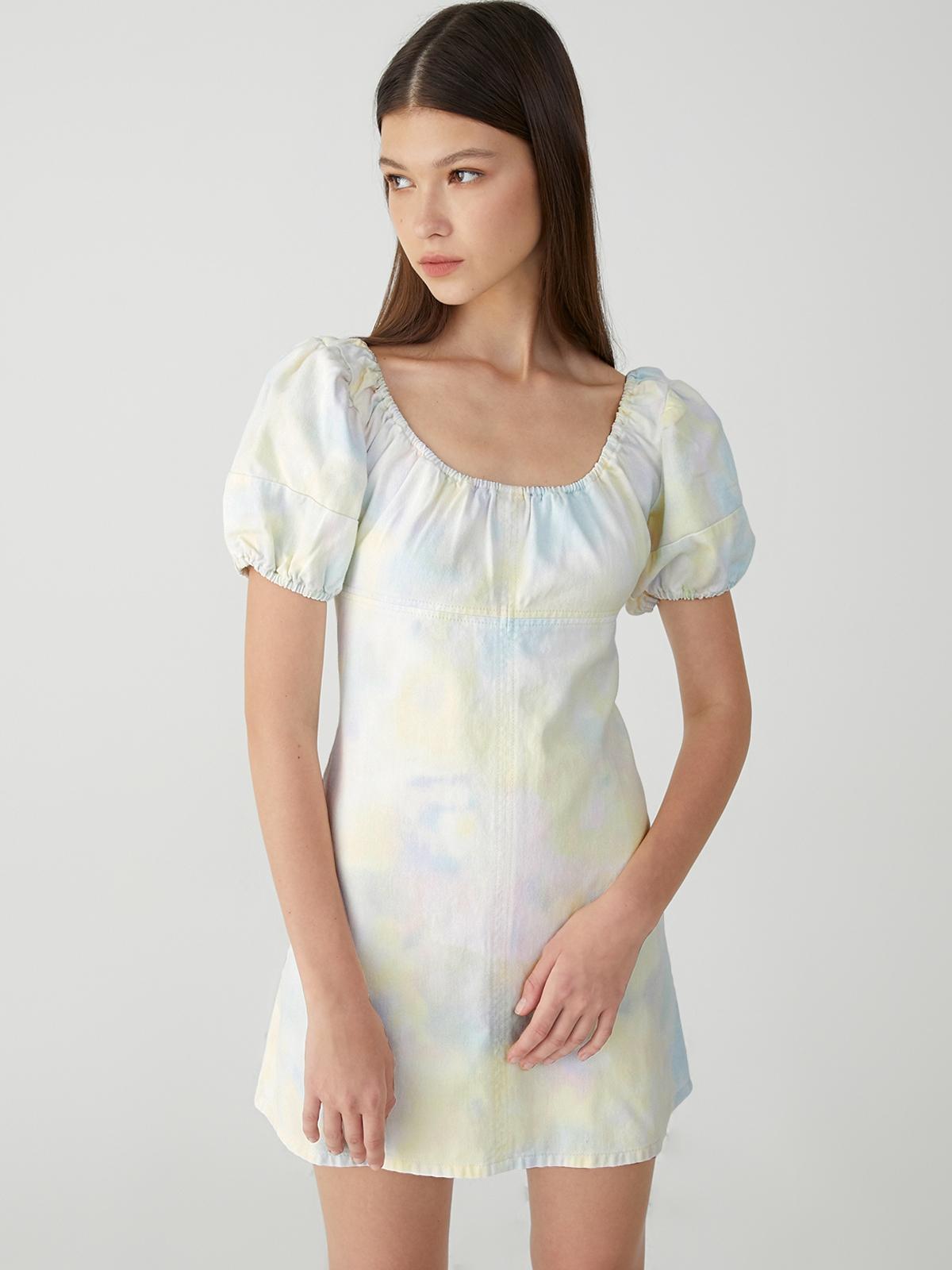 Tie-Dye Print Puffed Sleeve Mini Dress - Multi Color