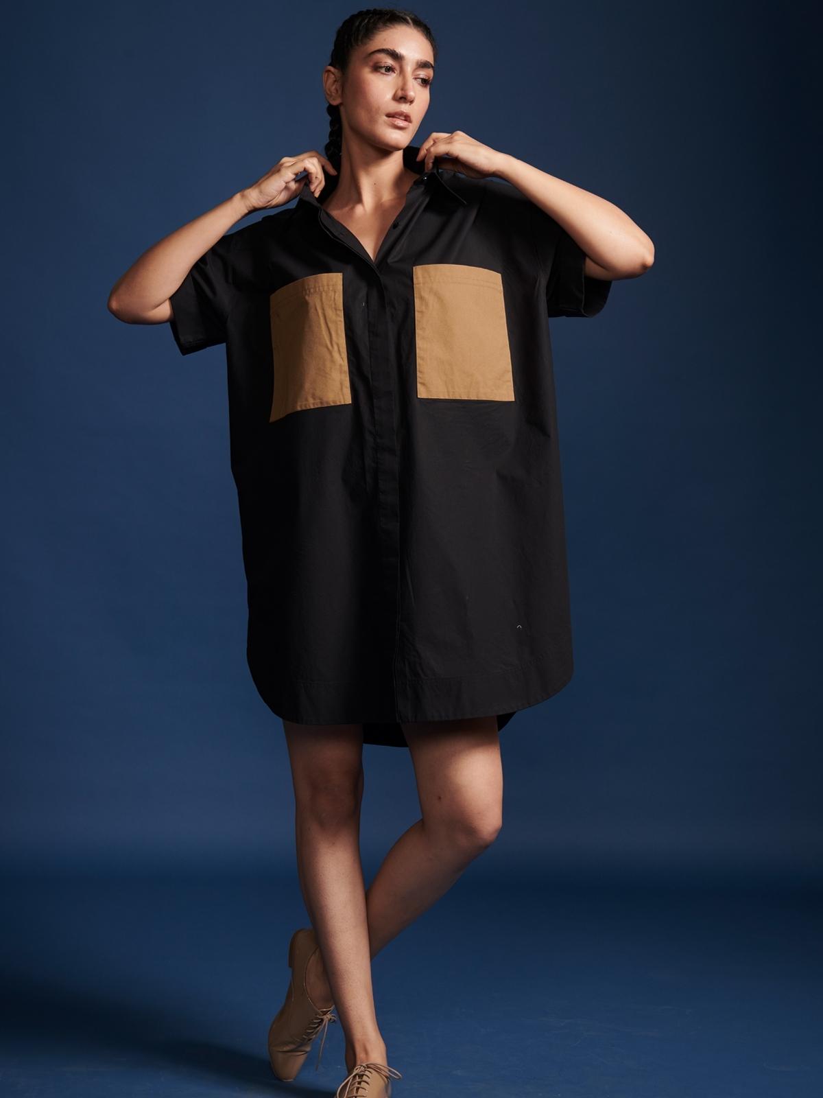 Contrast Pocket Shirt Dress - Black