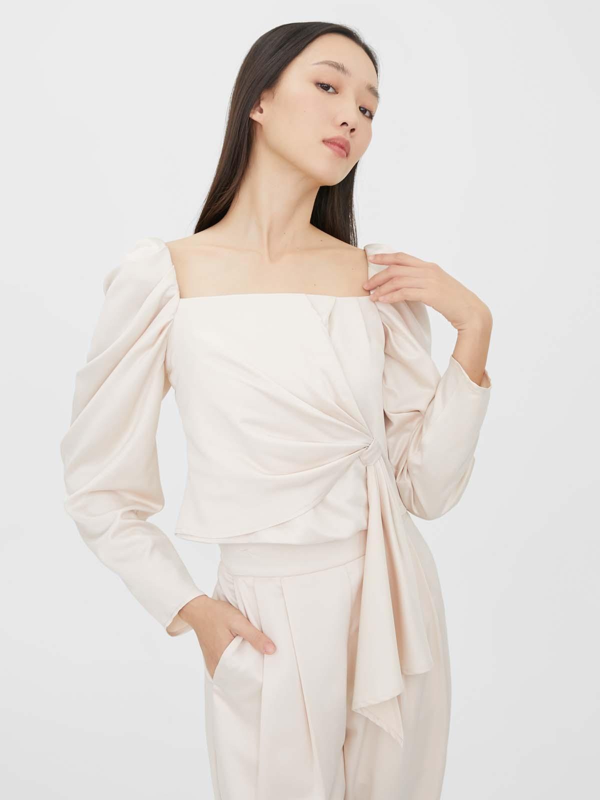 Gathered Front Long Sleeve Top - Beige