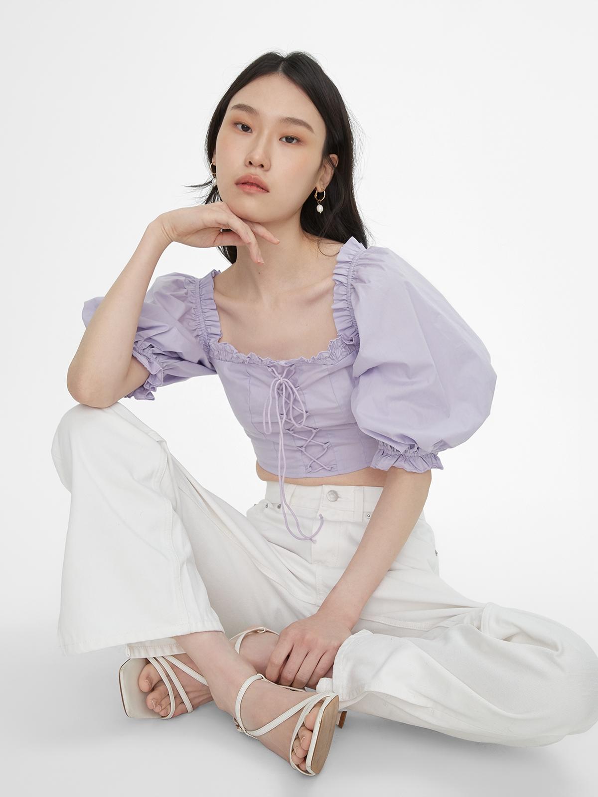 Lace Up Puffed Sleeve Crop Top - Lilac