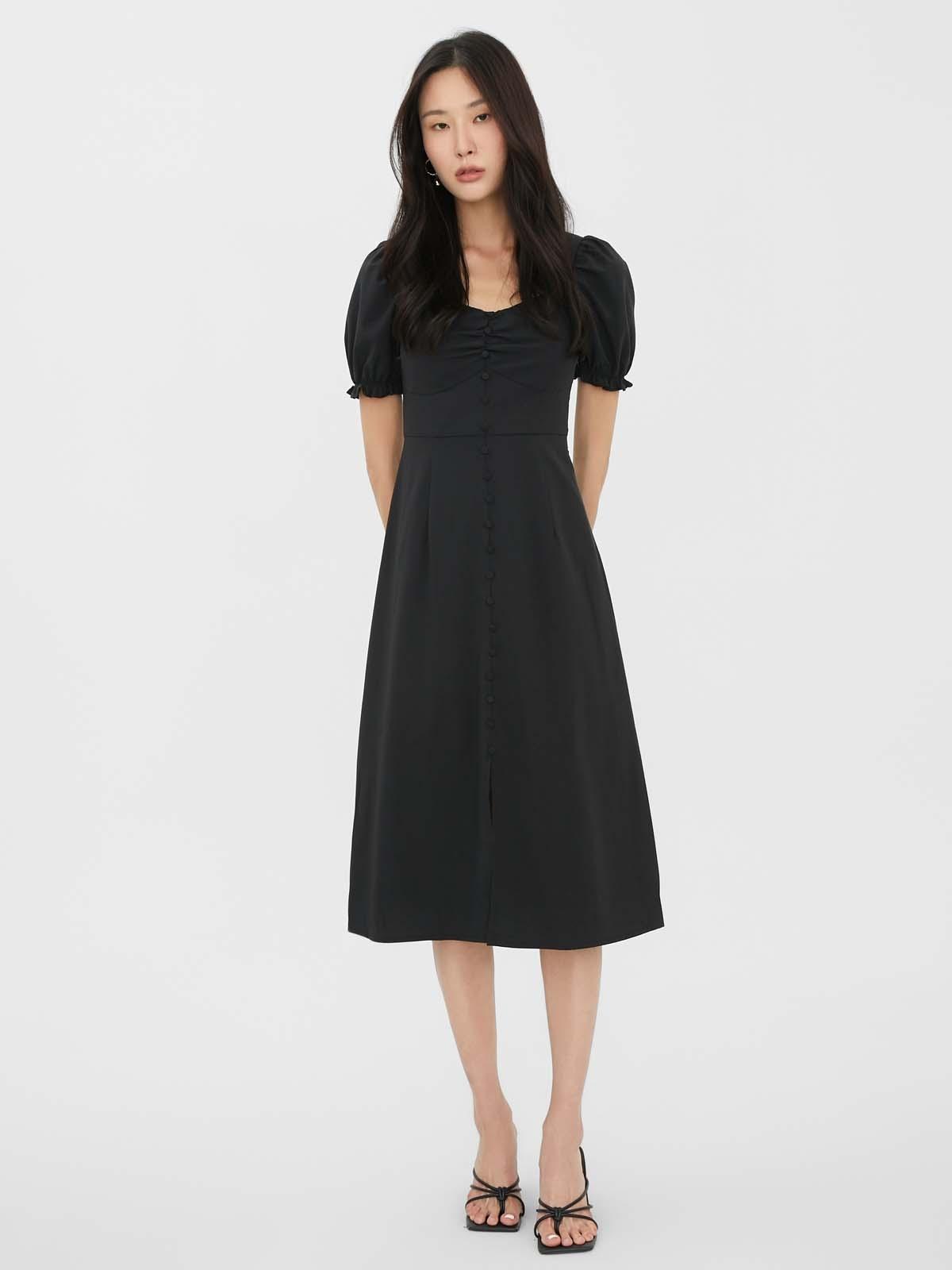 Puffed Sleeve Midi Dress - Black