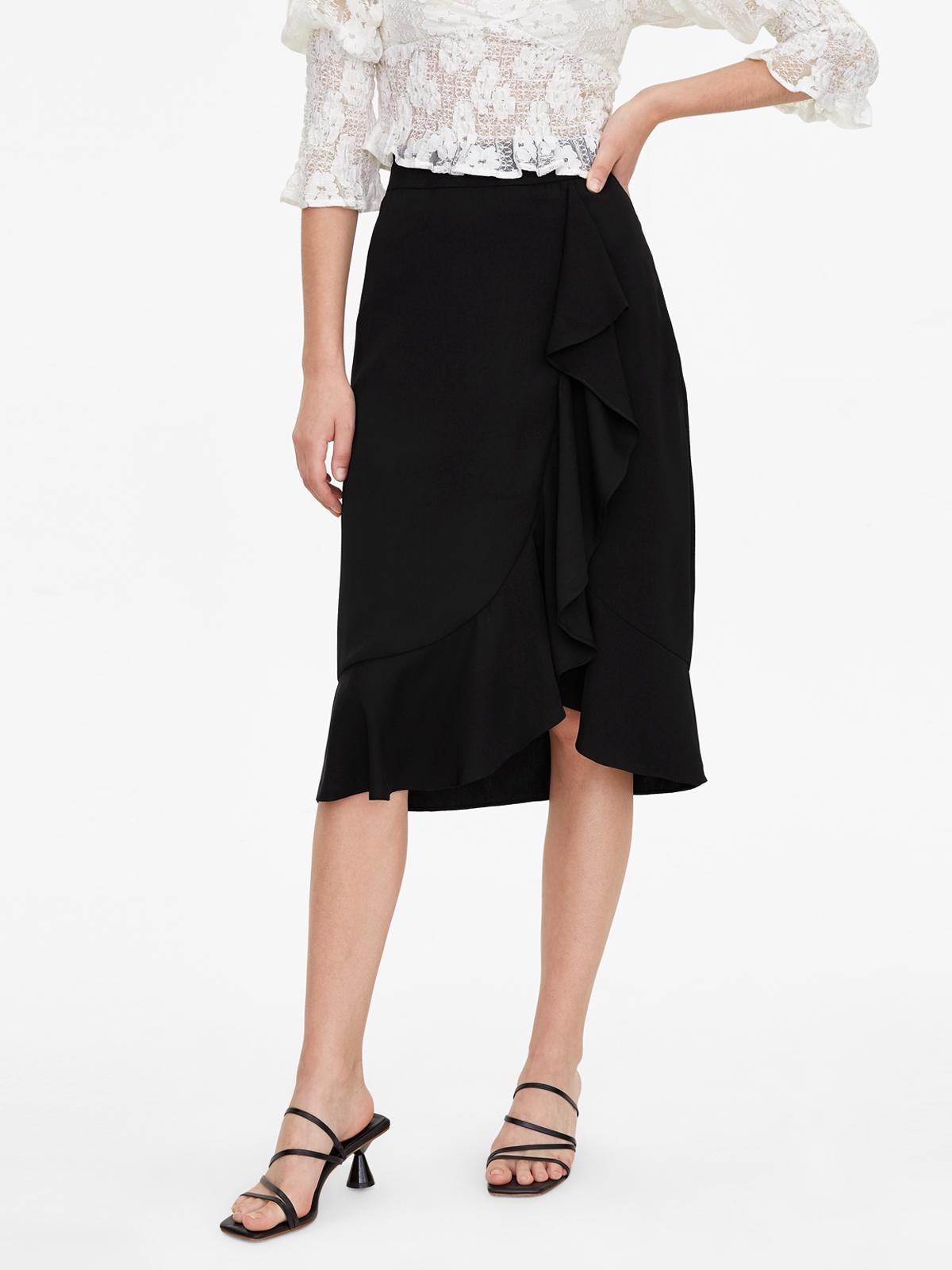 Ruffle Draped Flare Skirt - Black