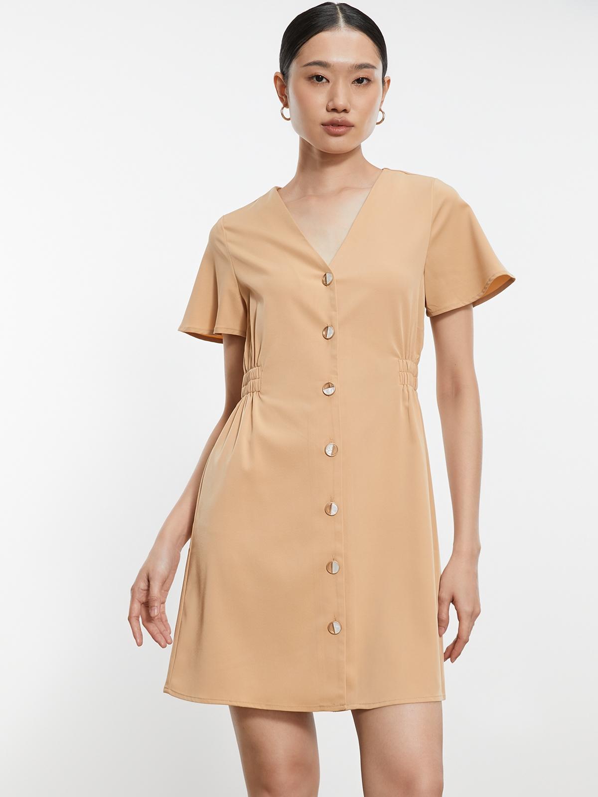 Mini V-neck Buttoned Dress - Beige