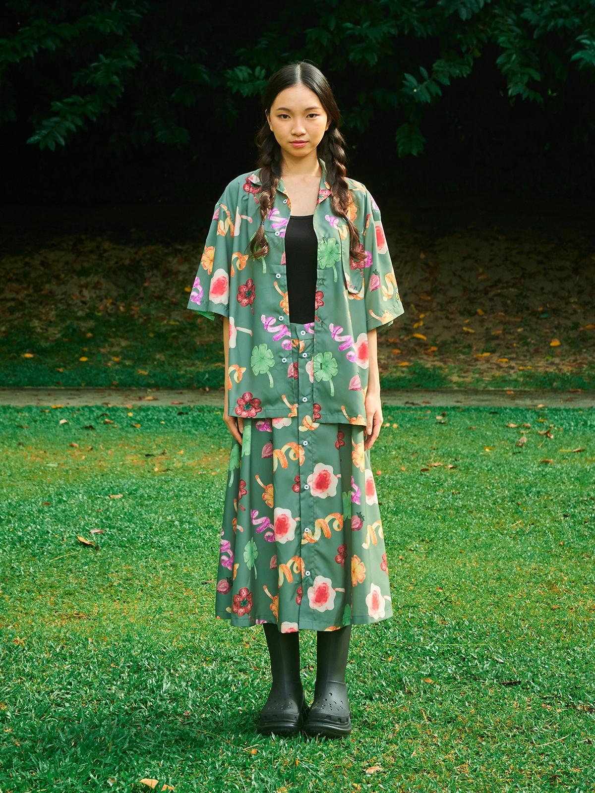 Green Floral Shirt Skirt Set - Dark Green