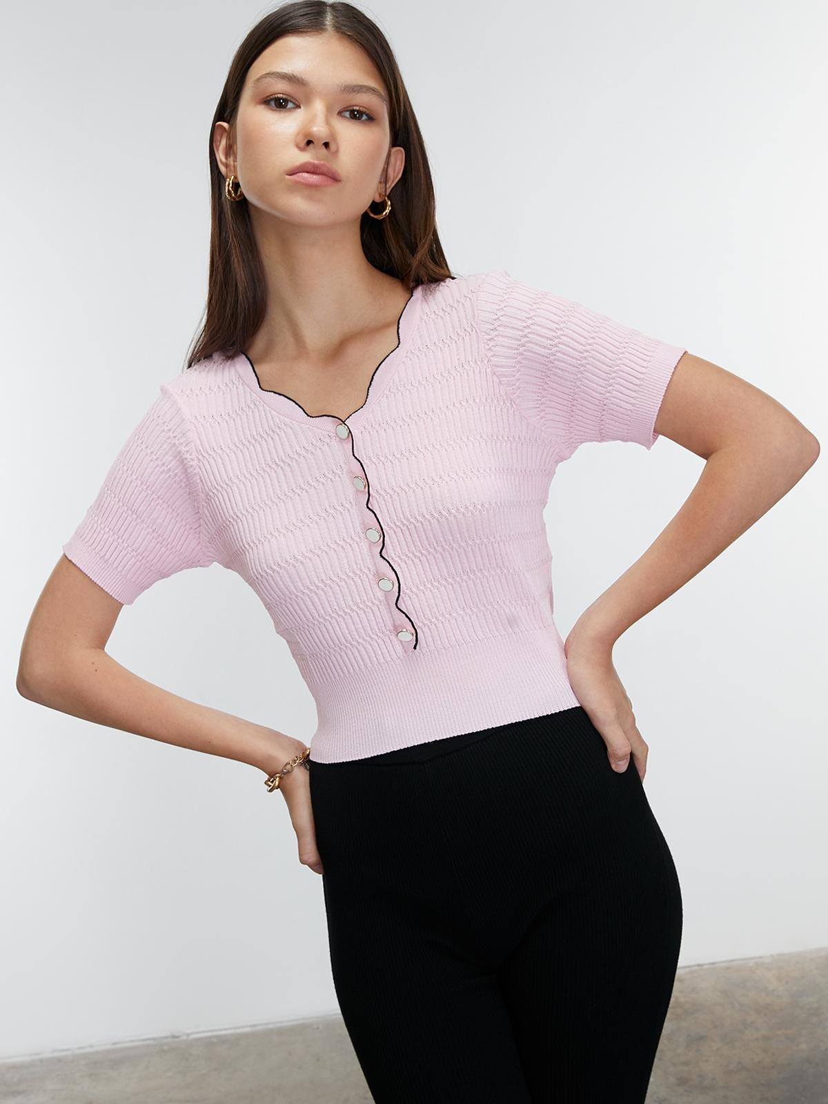 Ribbed V Neckline Blouse - Pink
