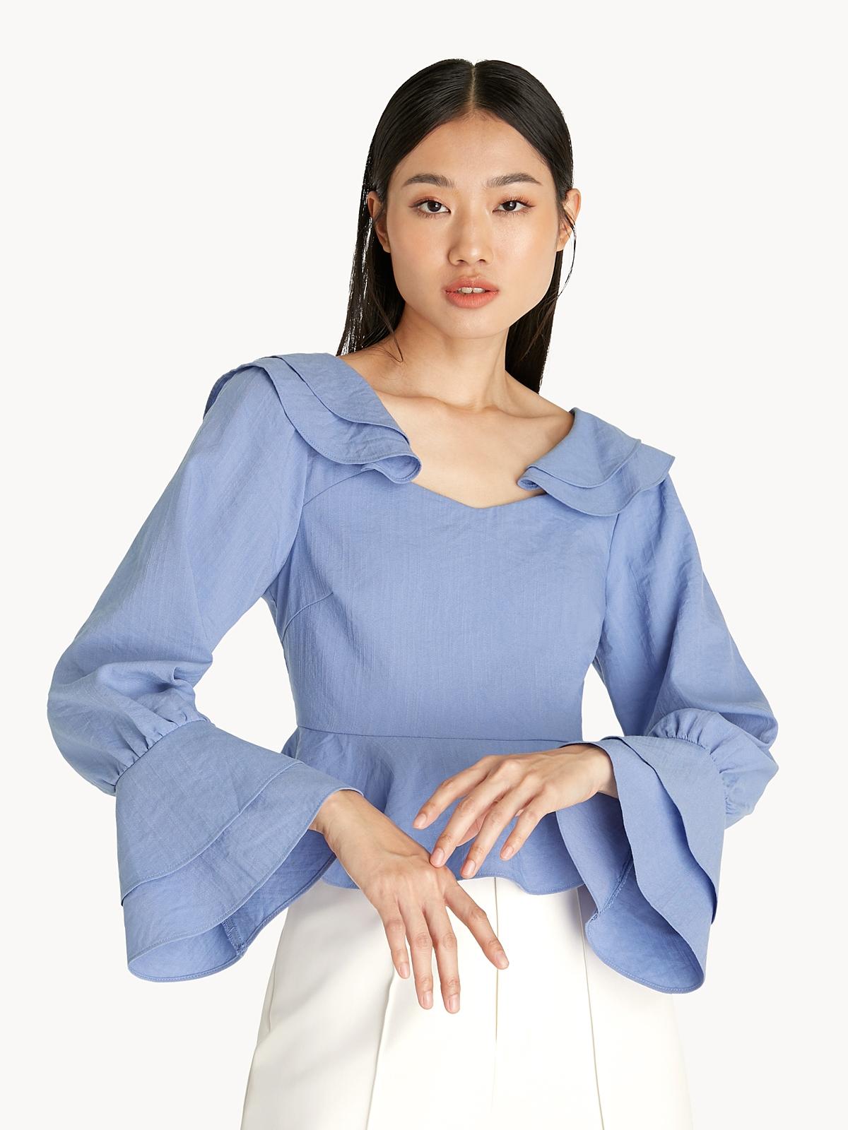 Ruffled Collar Peplum Top - Blue