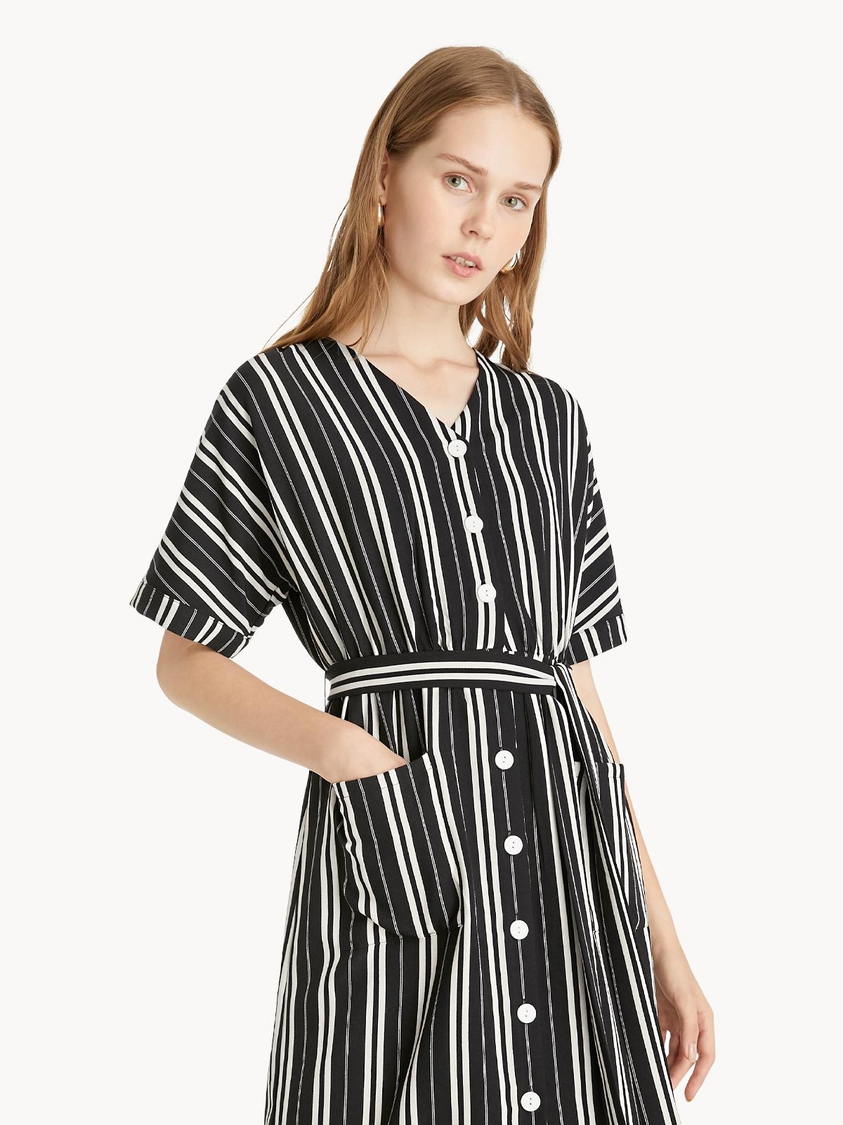 Midi Striped Shirt Dress - Black