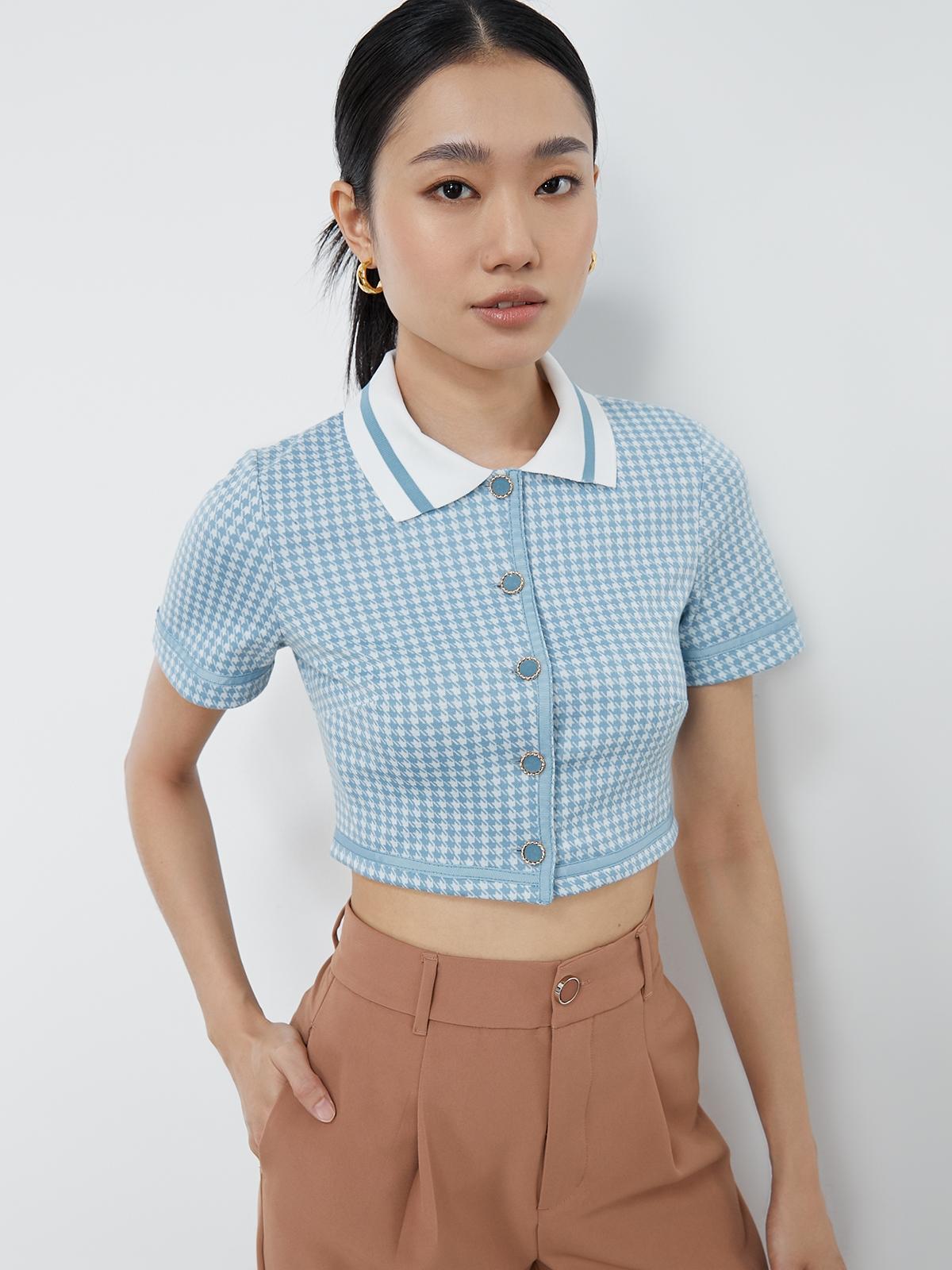 Houndstooth Crop Blouse - Blue