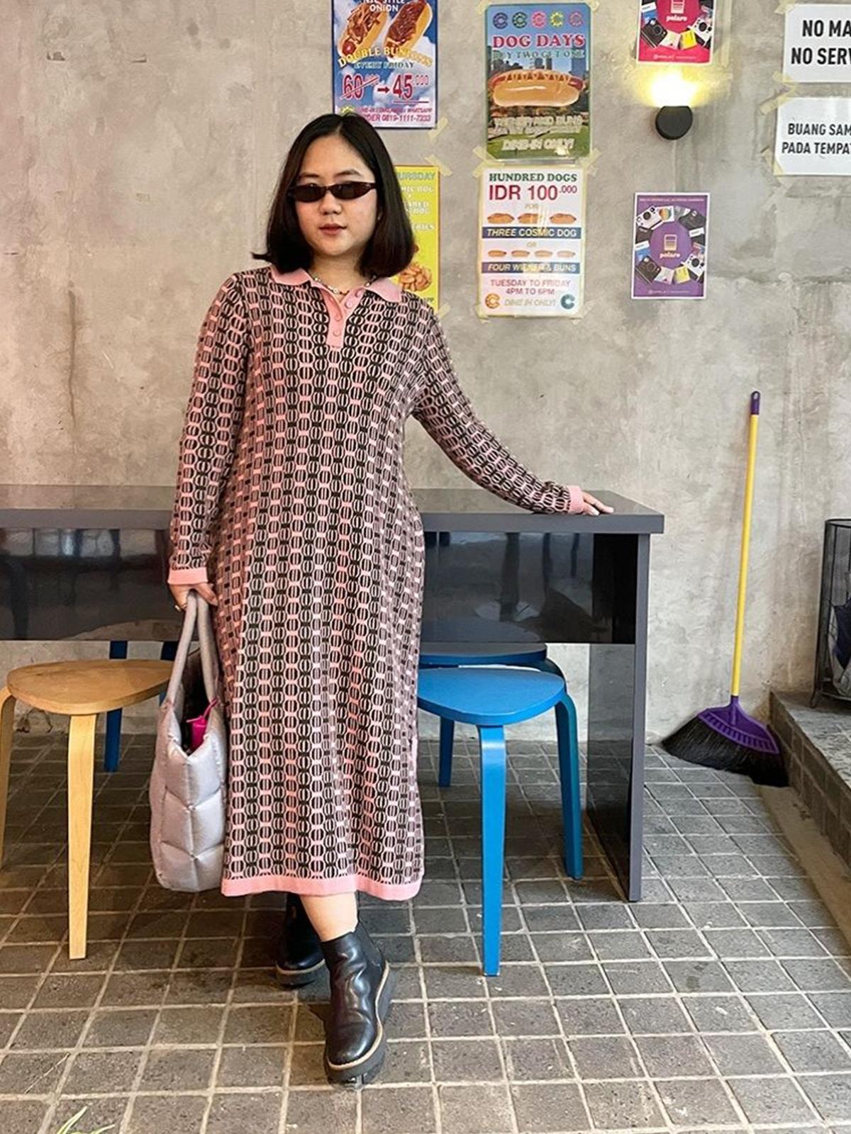 Retro Knit Dress Long Sleeve Tea - Rose