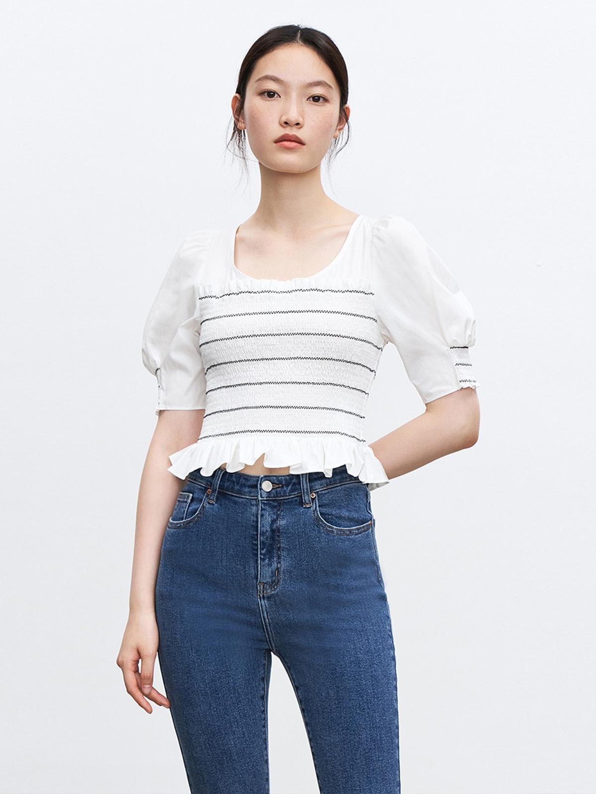 Puffed Sleeve Shirred Blouse - White