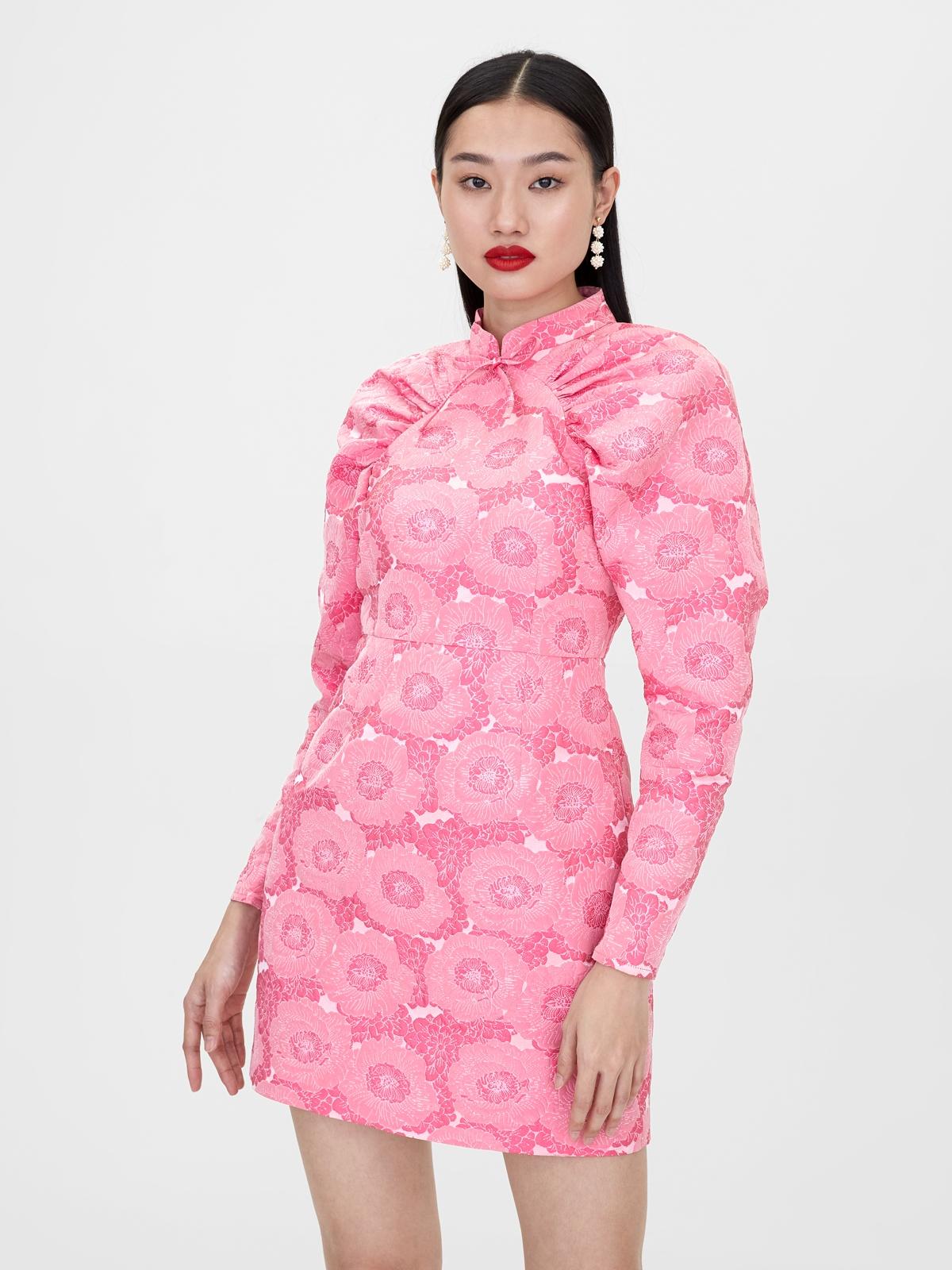 Long Sleeve Flower Print Dress - Pink