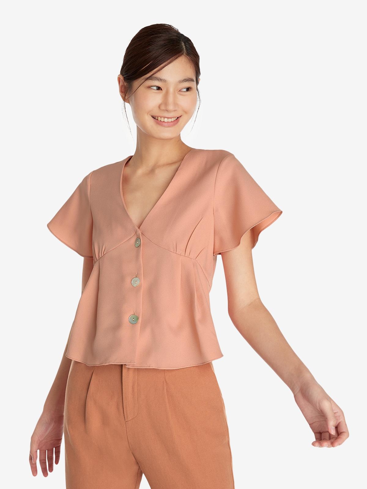 Butterfly Sleeves V Neck Blouse - Peach