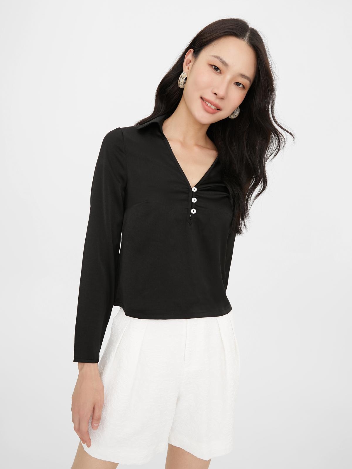 V-Neck Button Up Shirt - Black