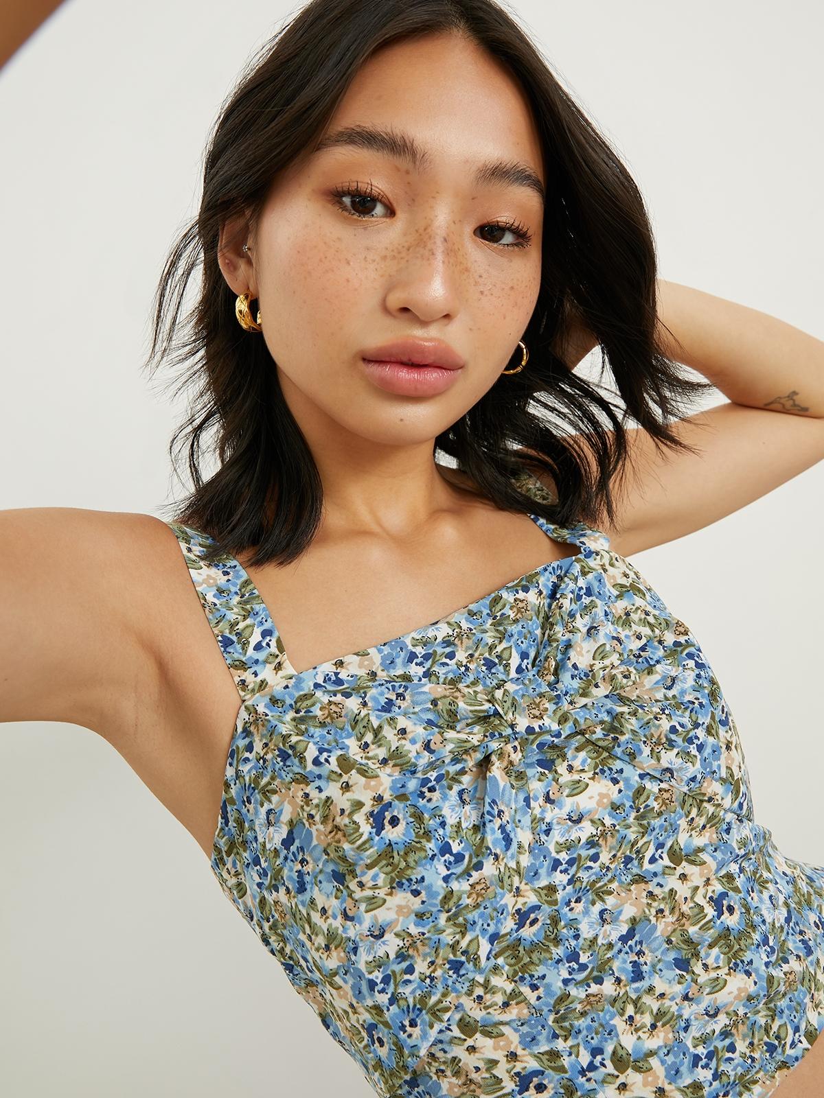 Floral Square Neckline Crop Top - Blue