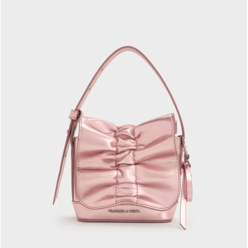 Kadee Metallic Bow-Charm Ruched Mini Bag - Aura Pink