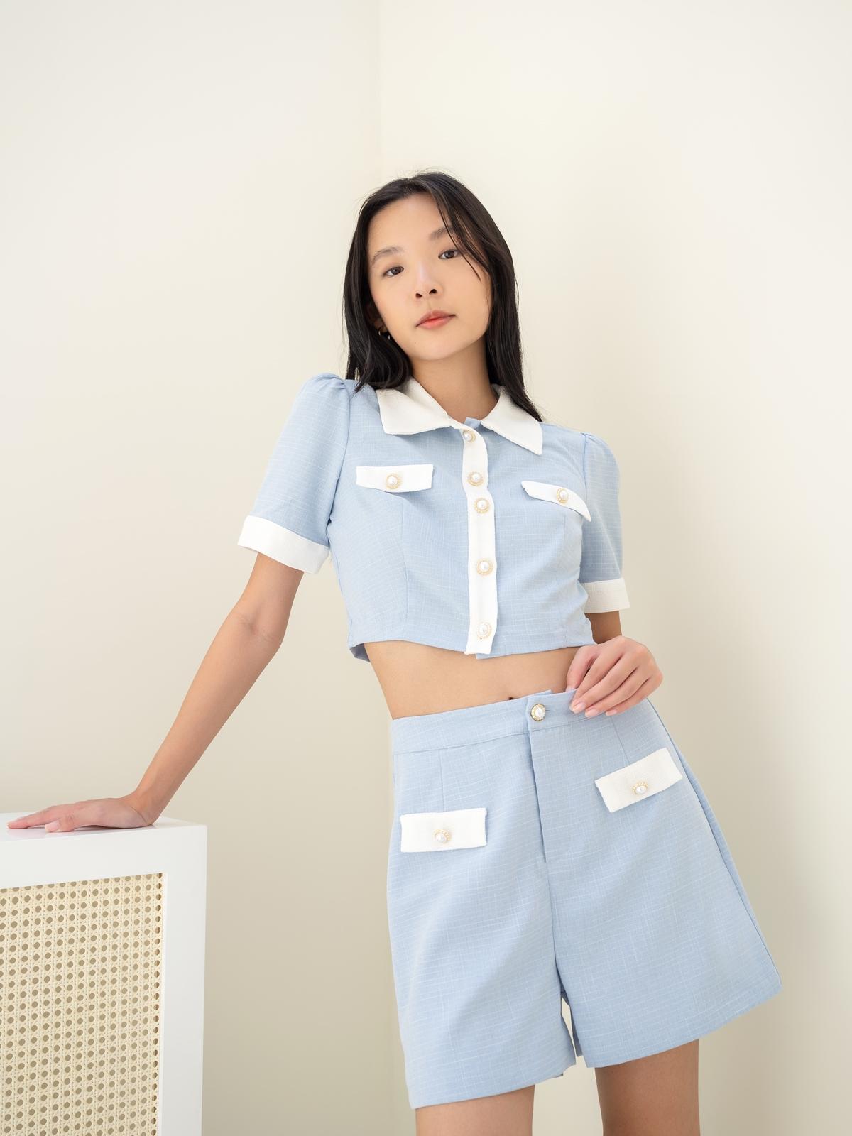 Balloon Sleeve Button Down Top - Blue