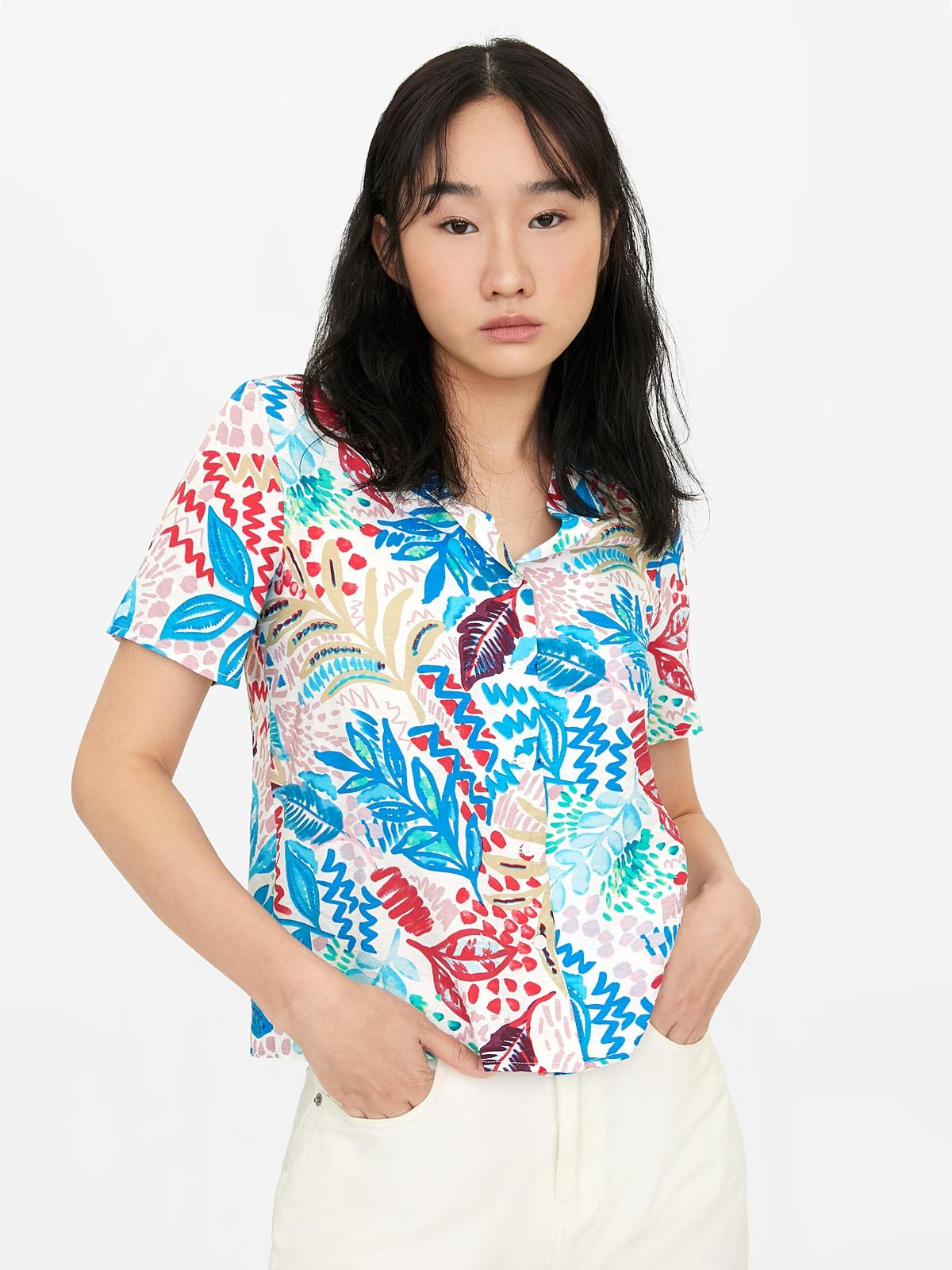 Button Up Graphic Leaf Print Shirt - White