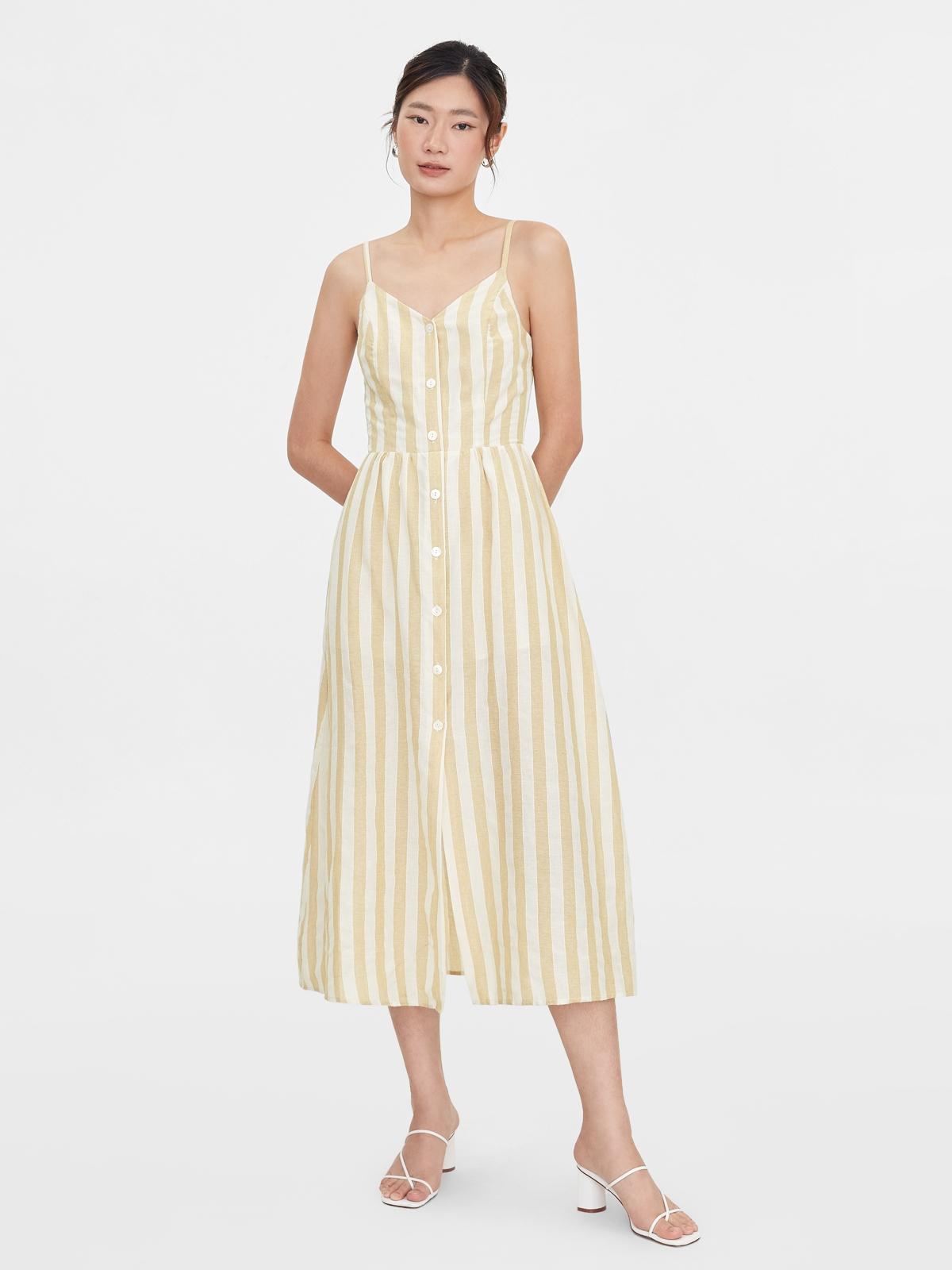 Striped Cami Button Up Romper Dress - Brown