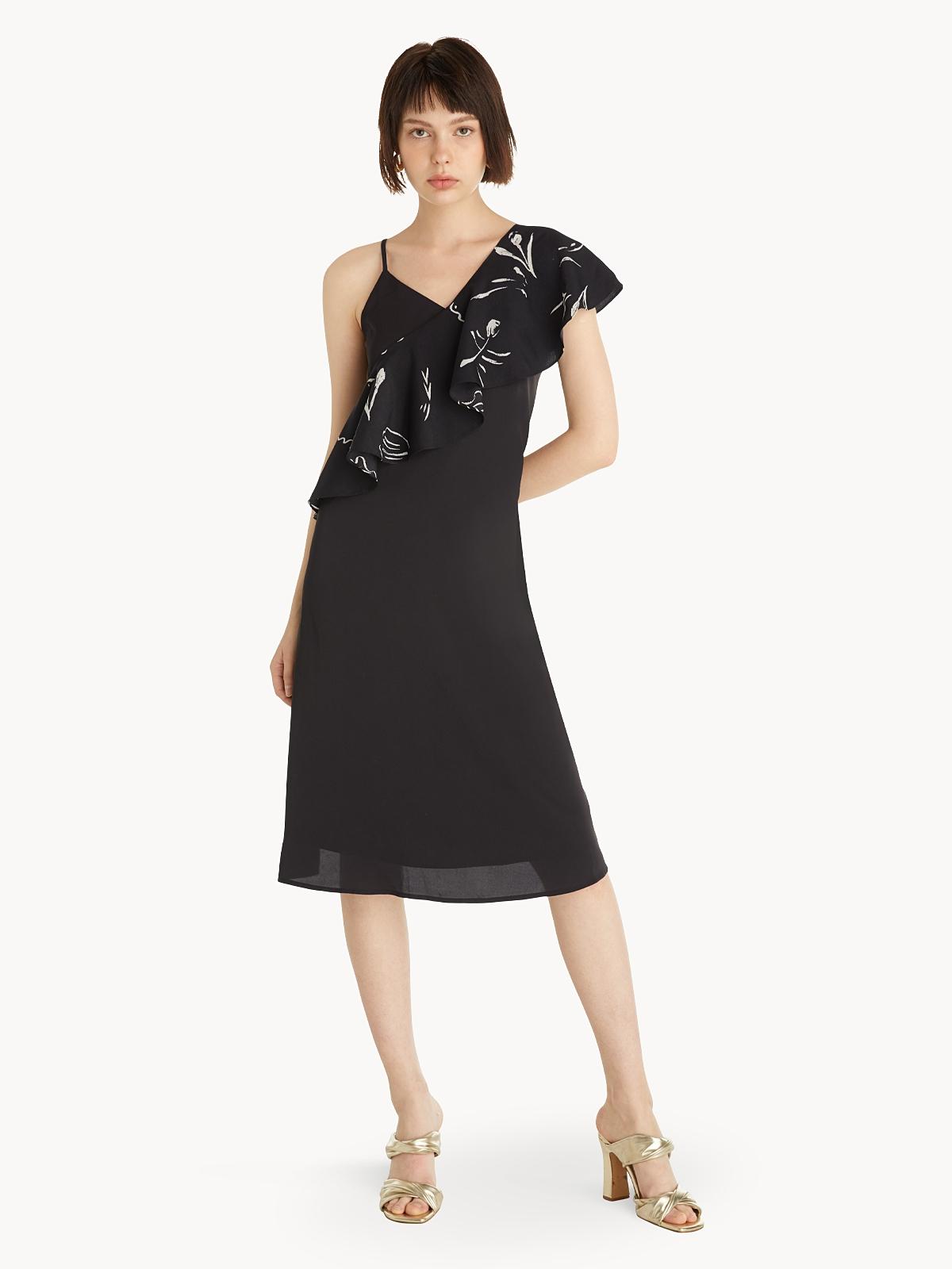 Side Ruffled Sleeves Dress - Black