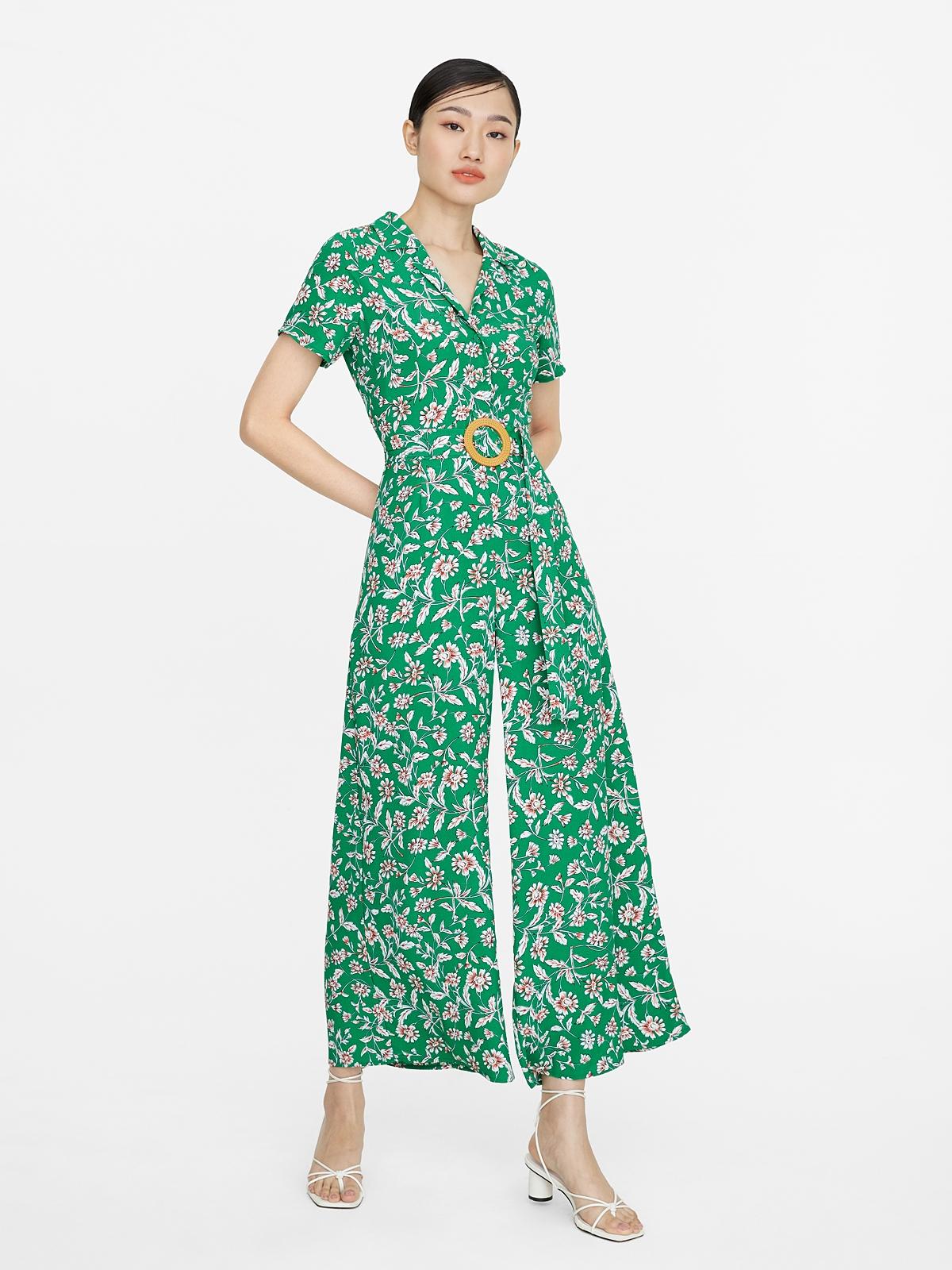Floral Oval Buckle Jumpsuit - Green
