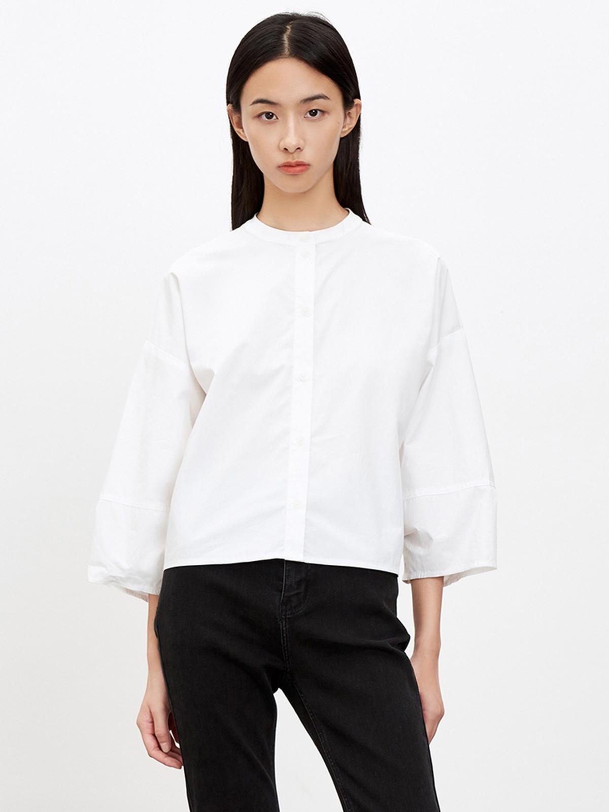 Long Sleeve Mandarin Collared Shirt - White