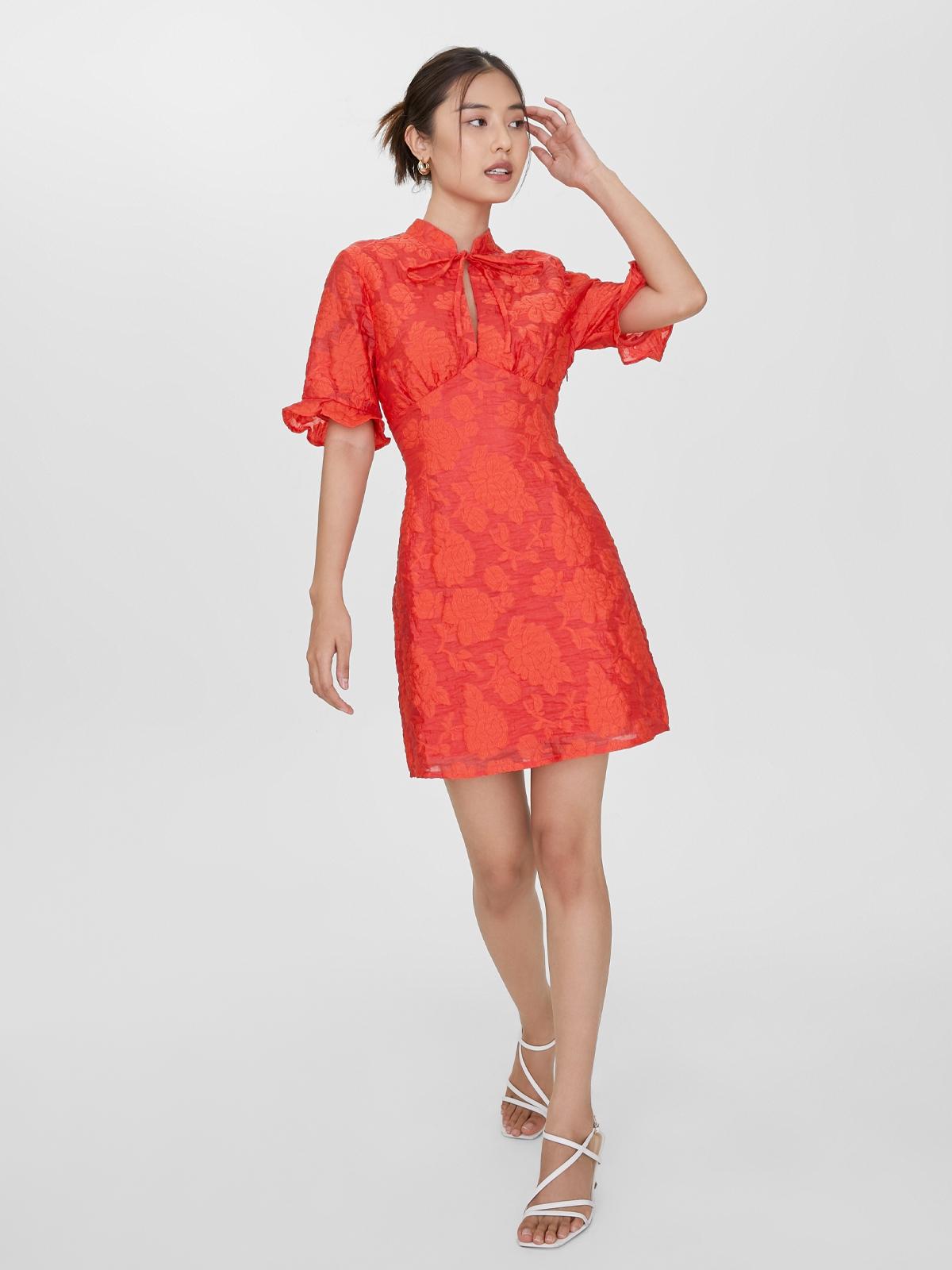 Tie Neck Ruched Dress - Red