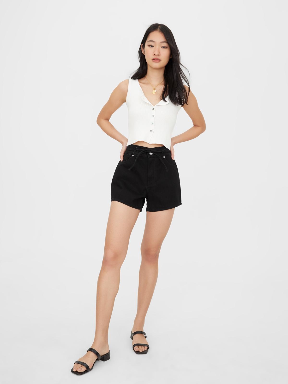 Sustainable Tie Front High Waist Shorts - Black