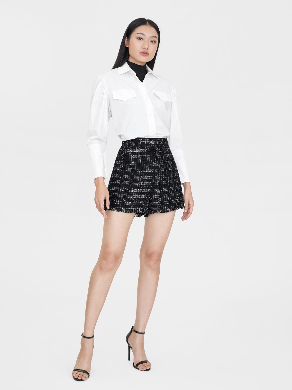 High Waisted Frayed Hem Tweed Shorts - Black