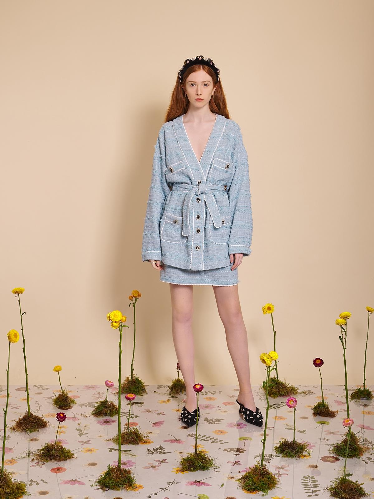 Bluebell Tweed Belted Cardigan - Blue