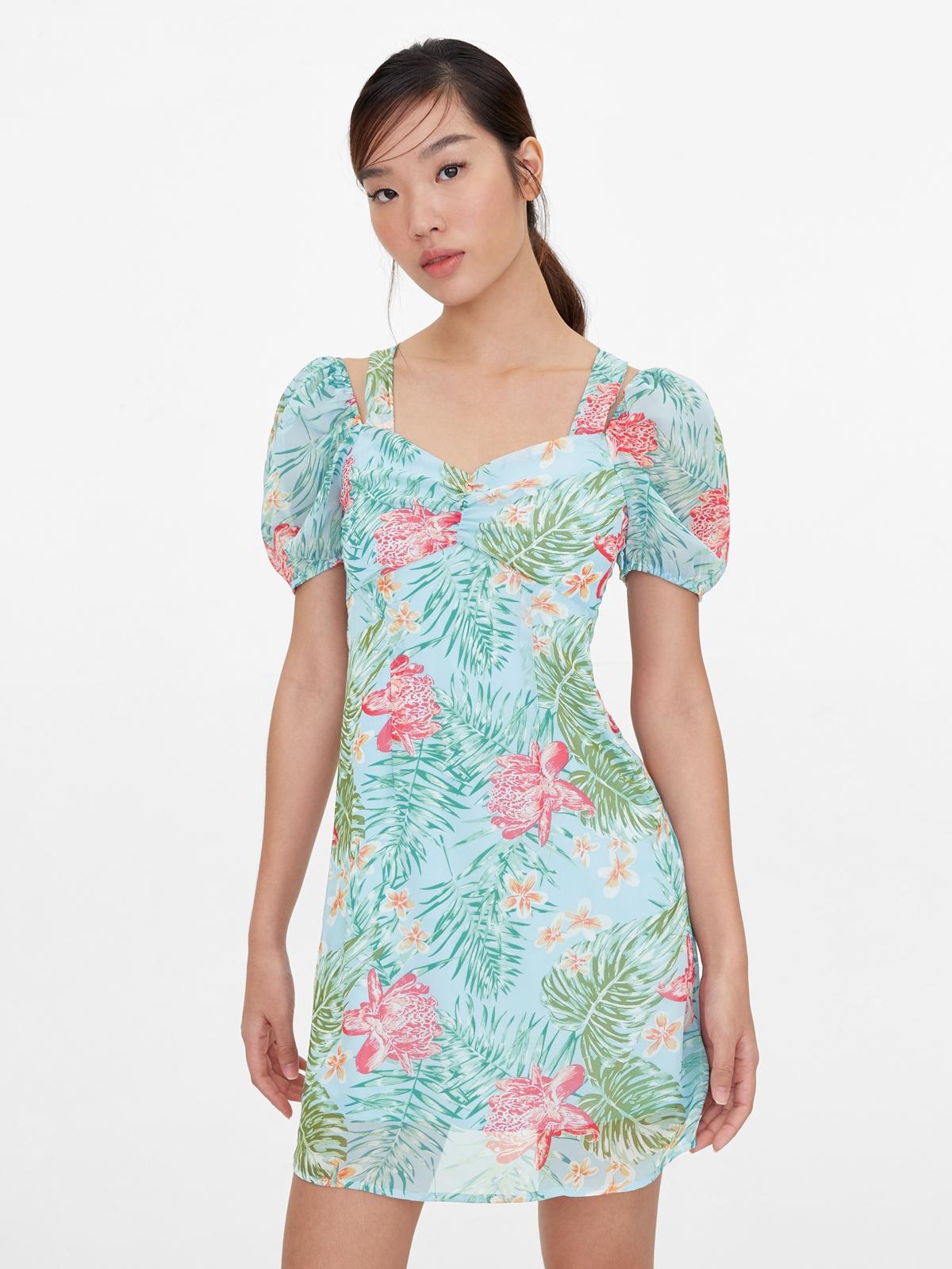 Hawaiian Print Tie Back Dress - Blue