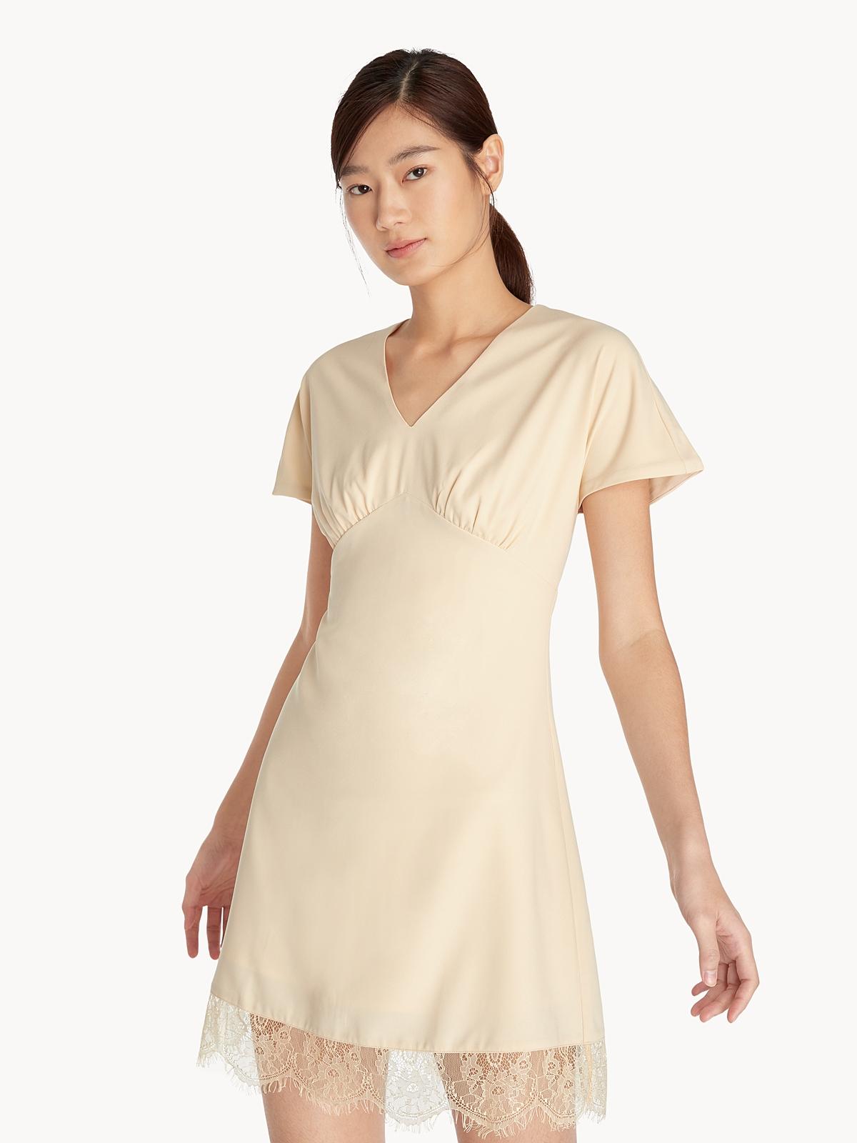 V Neck Lace Accent Dress - Cream