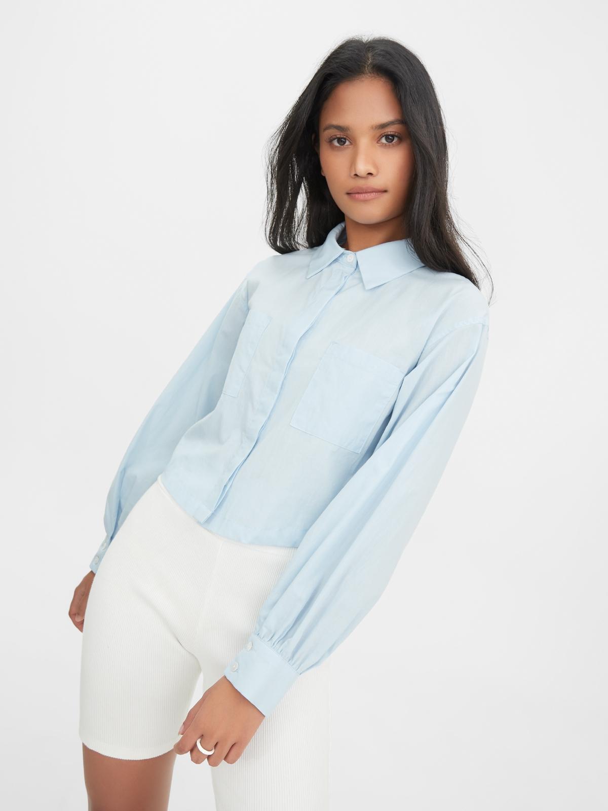 Cuffed Sleeve Cropped Shirt - Blue