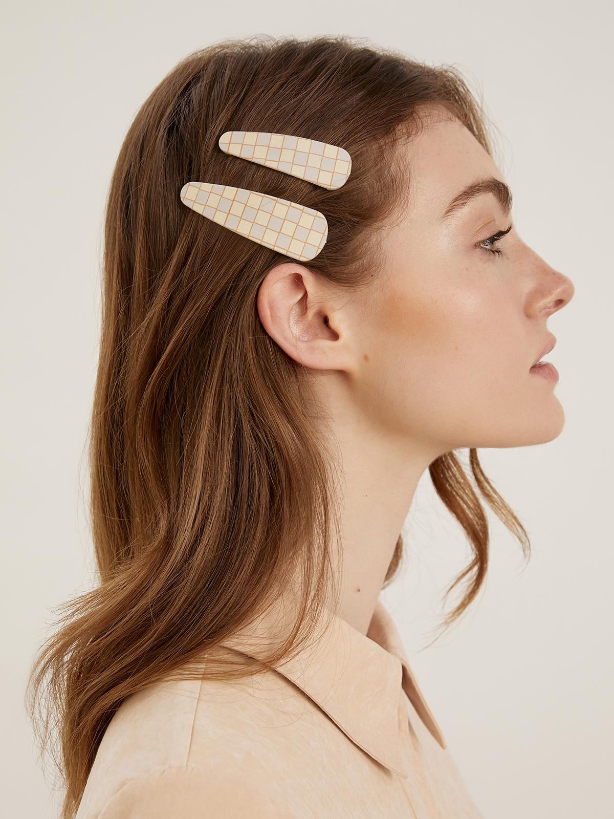 Checkered Print Hair Clip Set - Yellow