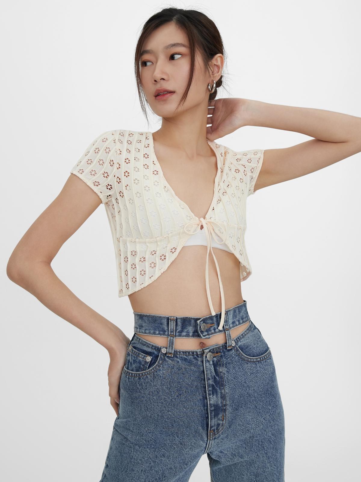 Eyelet Tie Front Crop Top - Cream