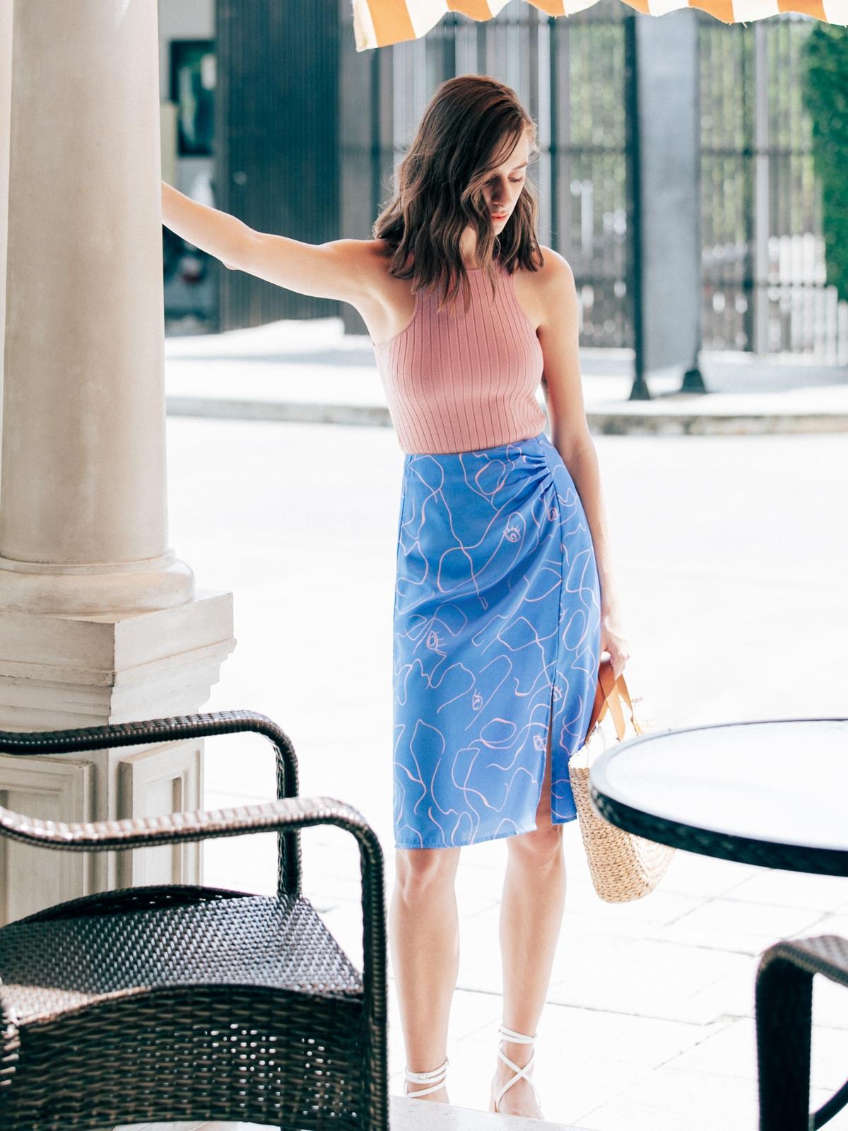 Abstract Face Print Skirt - Blue